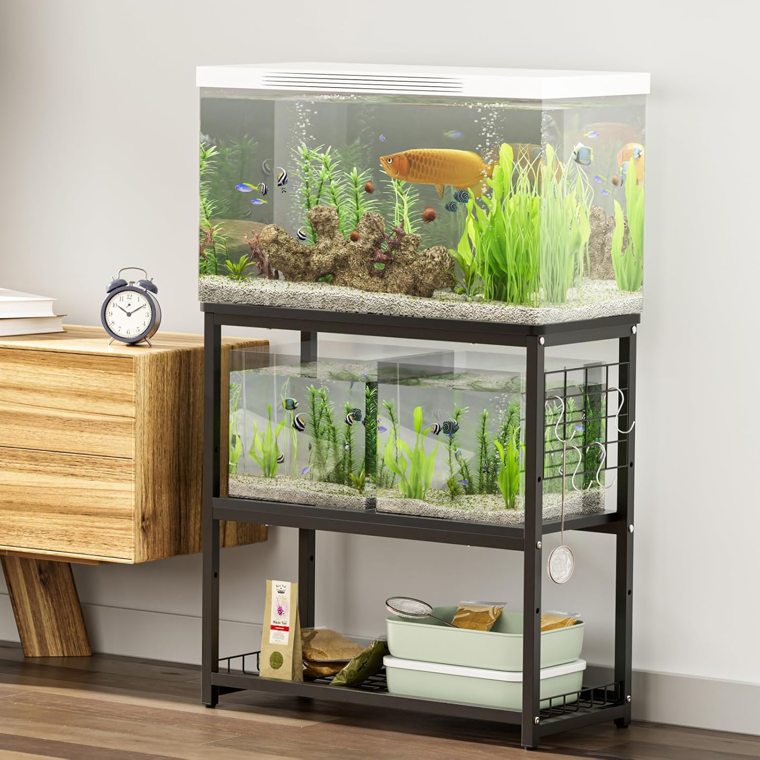 Aquarium Stand, 20 Gallon Fish Tank Stand with 3-Tier Storage Shelves & Hook, Heavy Duty Terrarium Stand Rack for Home Office, Lbs Load Capacity 25.6" L X 11.8" W X 25.6" H, Black