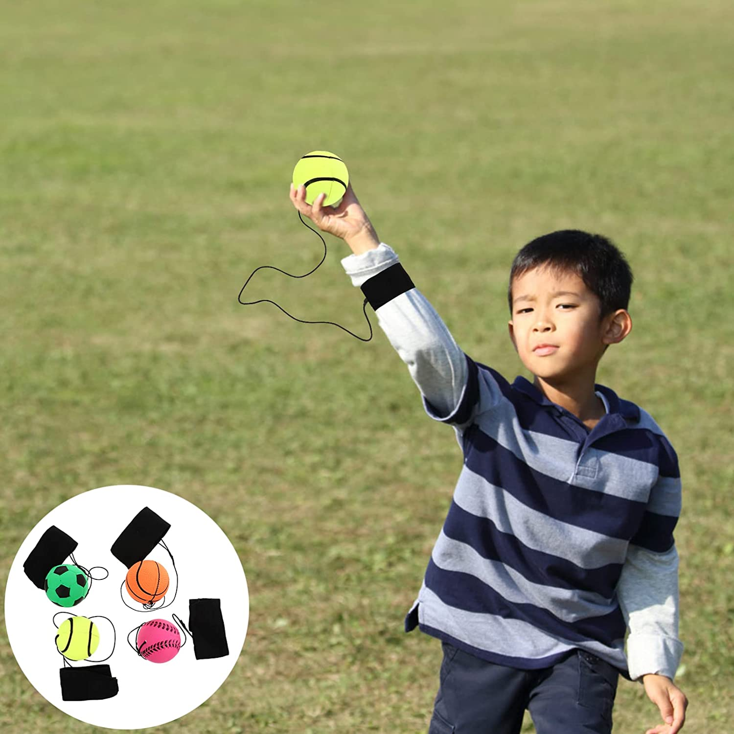 STOBOK 4Pcs Sports Wrist Balls Rubber Bouncy Ball Basketball Baseball Football Tennis Return Ball Elastic String Wristband Ball for Kids