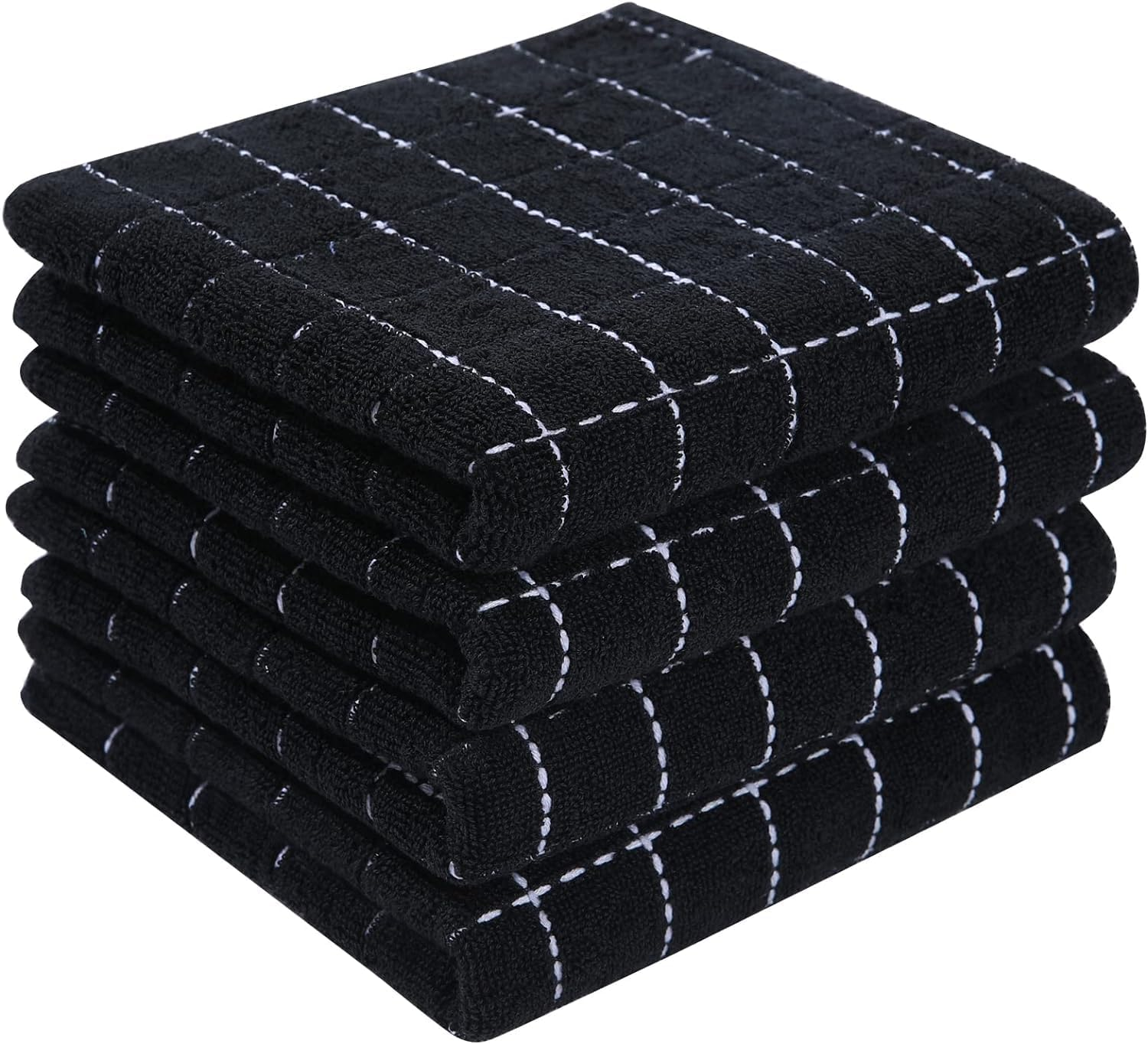 100% Cotton Terry Kitchen Towels(Black, 11.8 X 11.8 Inches), Checkered Designed, Soft and Super Absorbent Dish Towels, 4 Pack