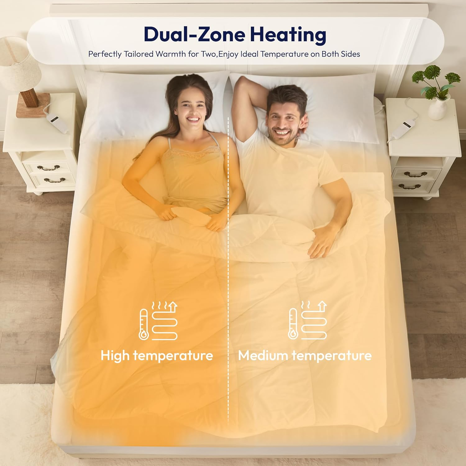 LINENOVA Electric Blanket Queen, Fully Fitted Heated Underblanket with Dual Controls, 3 Heat Settings, Auto-Off Timer, Safety Overheat Protection, Machine Washable Zone Heating - White image number 2