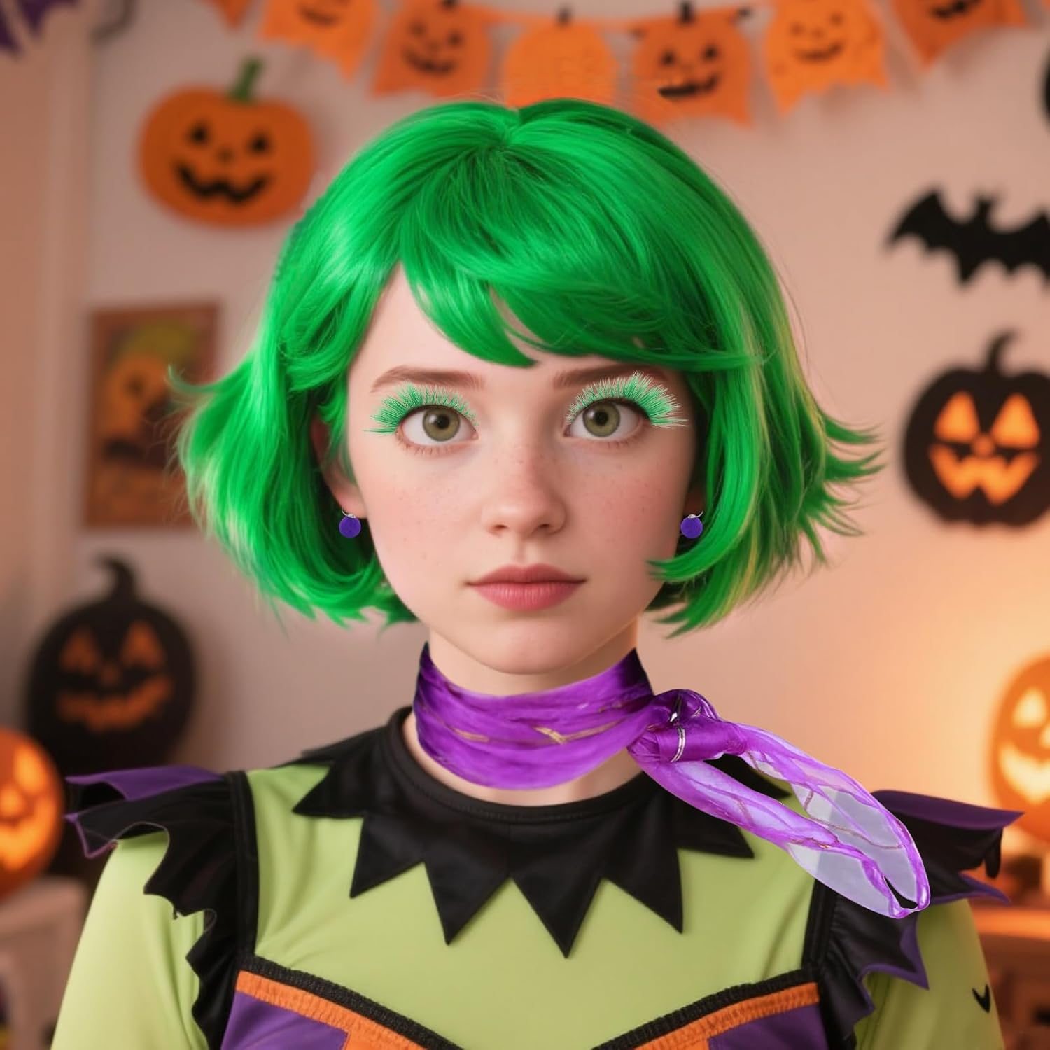 Short Green Wig, Green Wigs with Green False Eyelashes, Purple Scarf and Earrings, Women'S Green Wig Short, Disgust Anime Cosplay Wigs for Halloween Costume Carnival Theme Party image number 4
