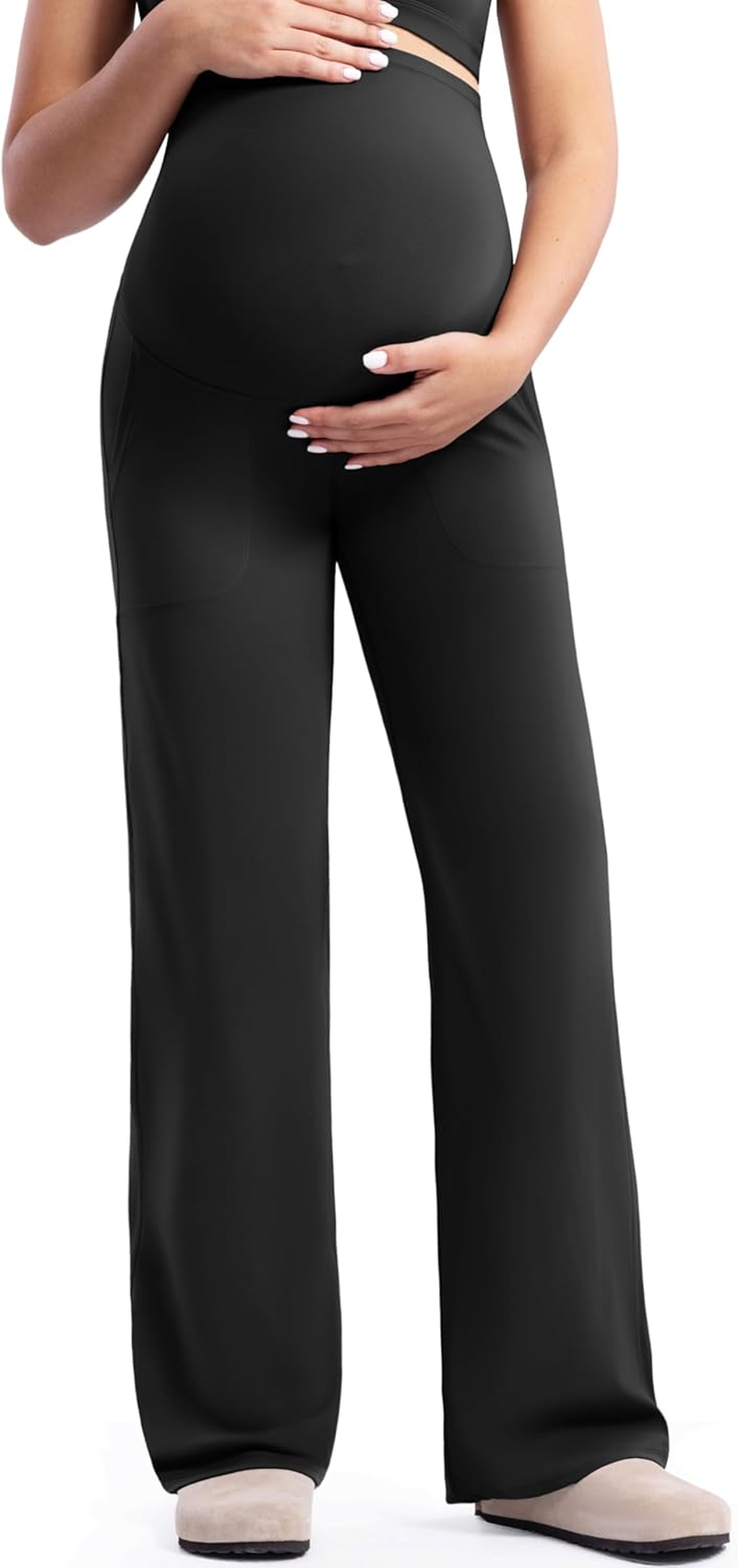 POSHDIVAH Women'S Creamluxe Maternity Yoga Wide Leg Pants Petite/Regular/Tall Pregnancy Work Dress Sweatpants with Pockets