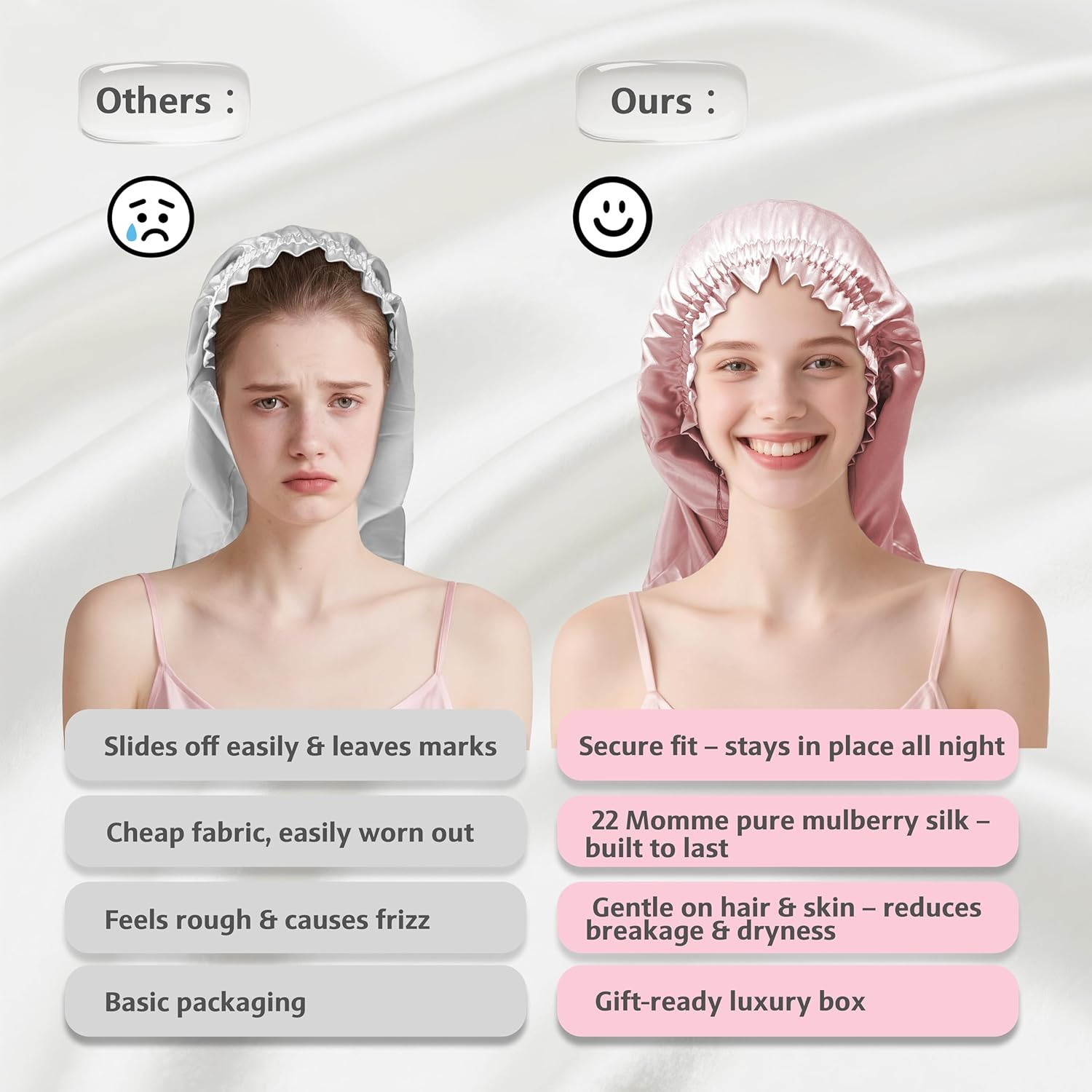 Townssilk Silk Bonnet for Sleeping, 100% 22 Momme Mulberry Silk for Women, Luxurious, Breathable, Sits Secure Overnight & Pressure Free, Ideal for Long & Curly Hair - Dustypink 58Cm image number 5