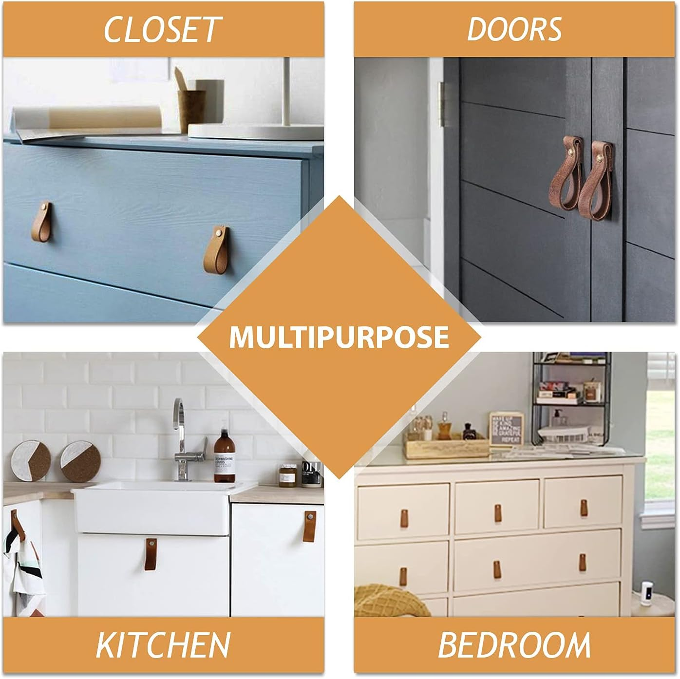 Lazakay Leather Drawer Pulls - 8 Pcs Leather Dresser Knobs, Handmade Pure Leather Handles for Cabinet, Doors and Drawers (Brown) - Gold image number 2