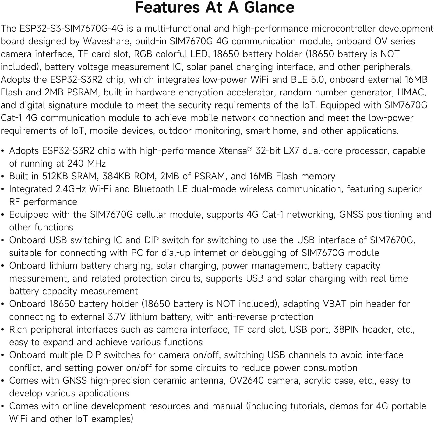 Waveshare ESP32-S3 SIM7670G 4G Development Board, LTE Cat-1 / Wifi/Bluetooth/Gnss Positioning Support, Global Coverage Multi Band, Suitable for 4G Portable Wifi, Onboard Camera/Antenna image number 1