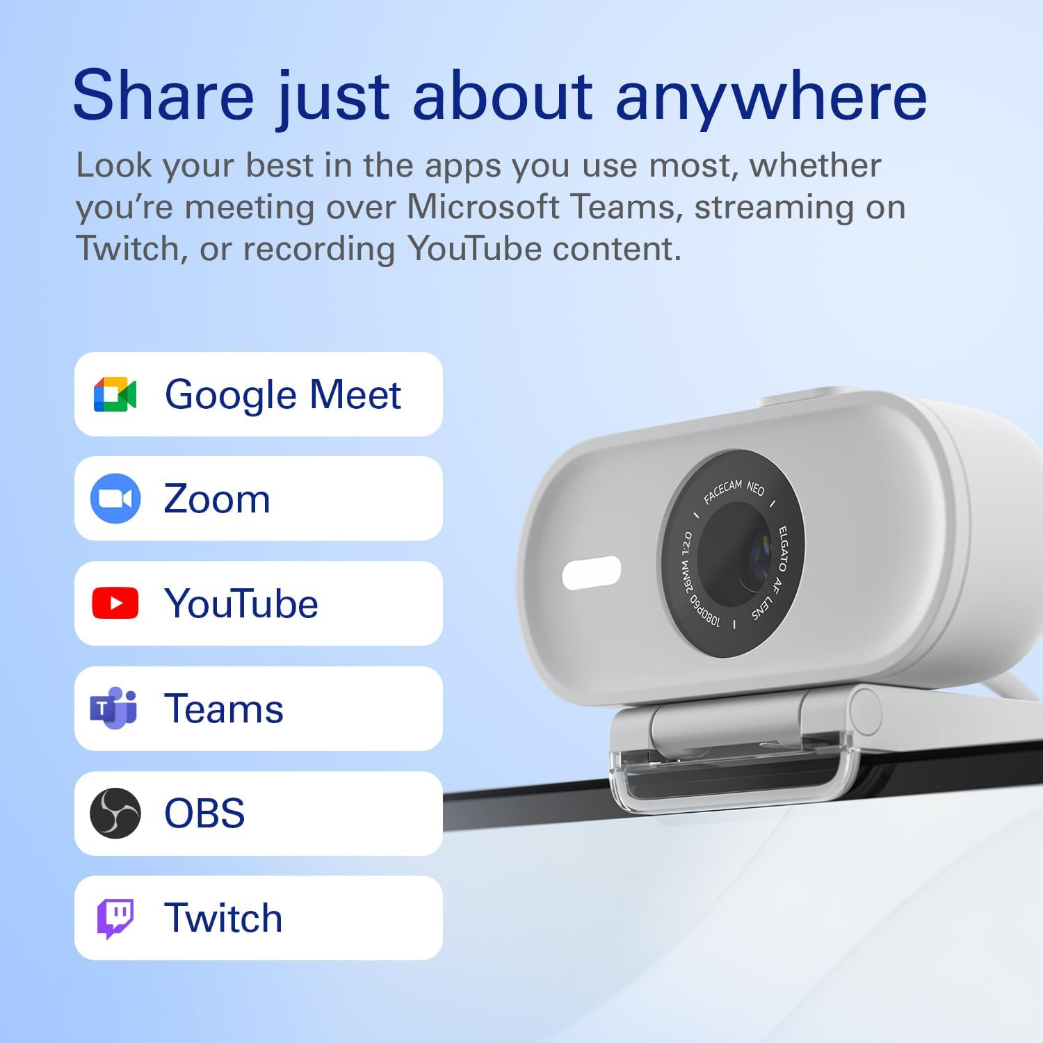 Elgato Facecam Neo &ndash; Full HD Webcam with Easy-Slide Privacy Shutter, Light Correction, for Video Calls, Streaming, Teams/Zoom/Slack/Obs/Twitch/Youtube, and More &ndash; Usb-C/Plug & Play on Pc/Laptop/Mac