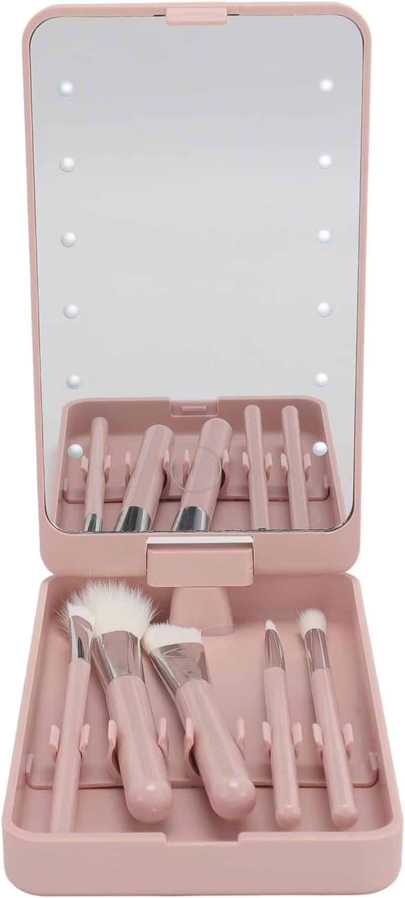 Travel Makeup Brush Set, 5 Pcs Complete Function Cosmetic Brushes Set with Foldable LED Mirror, 300Mah Multifunctional Brush Storage Box, for Home Dormitory Travel image number 2
