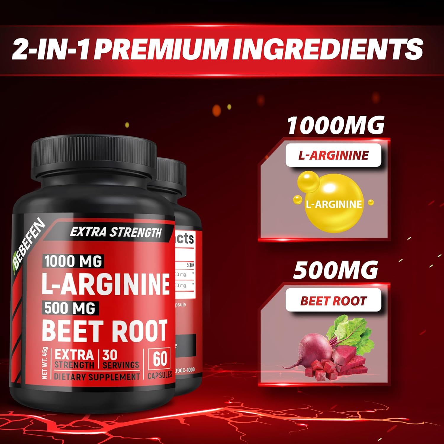 L-Arginine 1000Mg + Beet Root 500Mg Nitric Oxide Production- Non-Gmo, 90 Vegetarian Capsules image number 2
