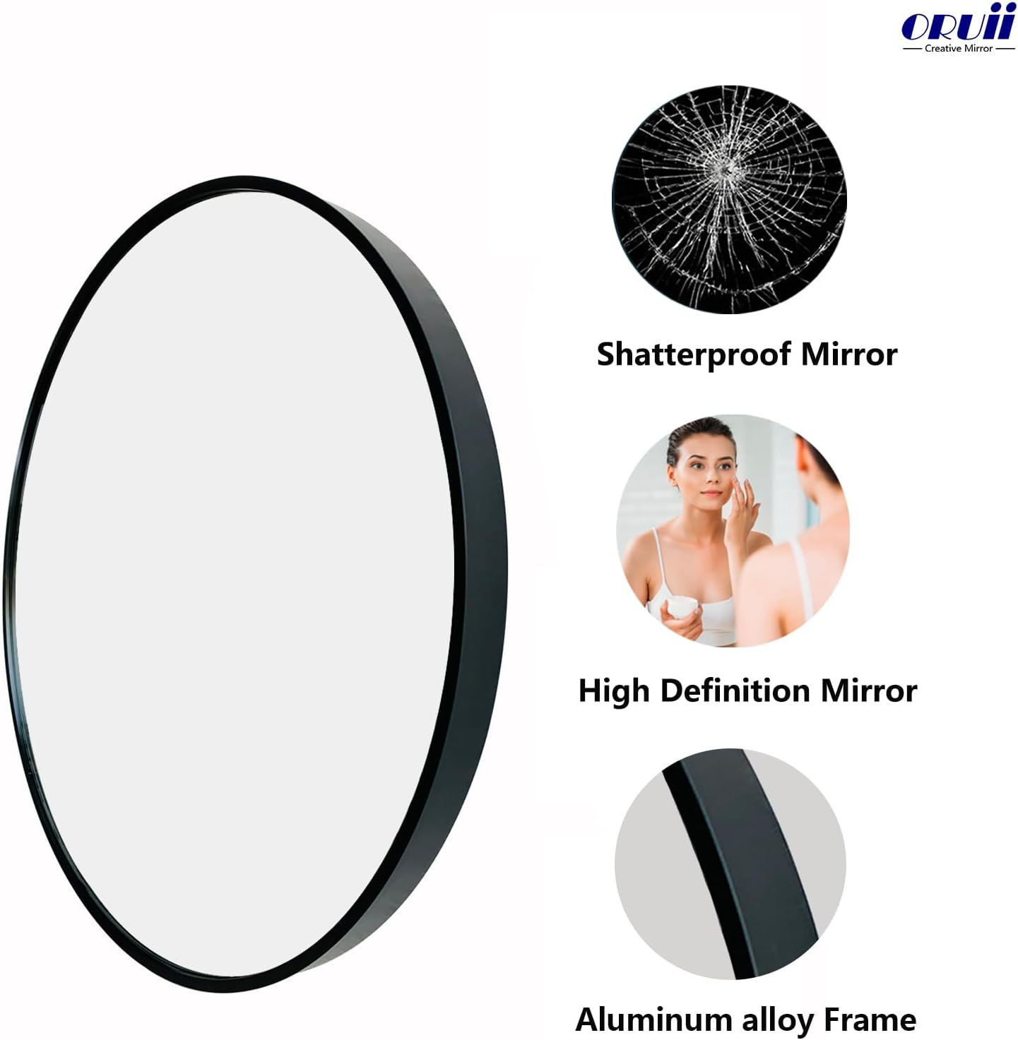 Oruii round Bathroom Mirror, round Mirror 70Cm, Circle Mirror, round Wall Mirror, Circular Wall Mounted Mirrors for Bathroom, Living Room, Vanity, Hallway. image number 5