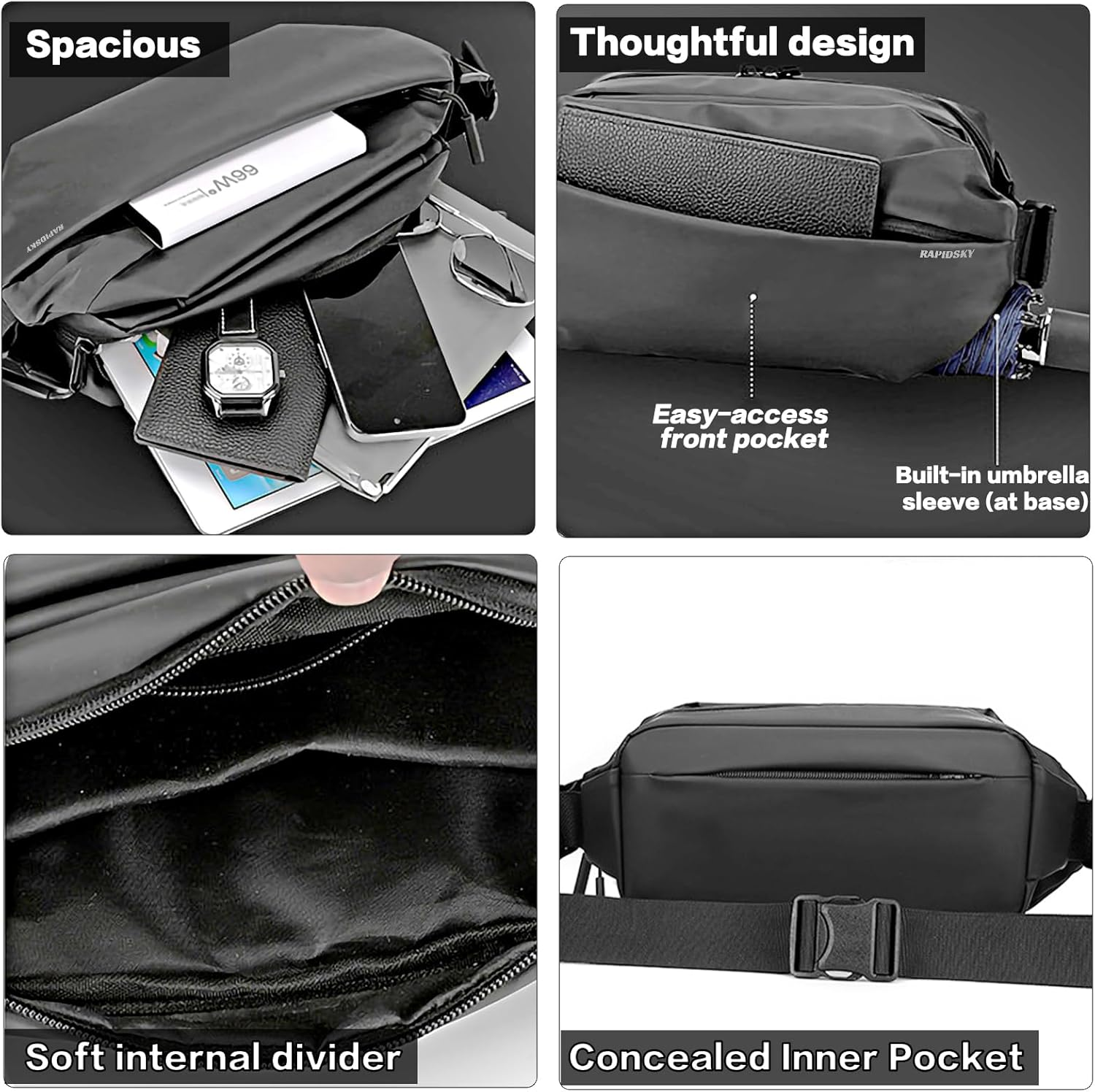 RAPIDSKY Lightweight Waterproof Messenger/Sling Bag - Adjustable Unisex Chest/Shoulder Pack Crossbody Shoulder Bag Backpack for Men and Women, Travel, Sports & Work - Soft Black image number 4