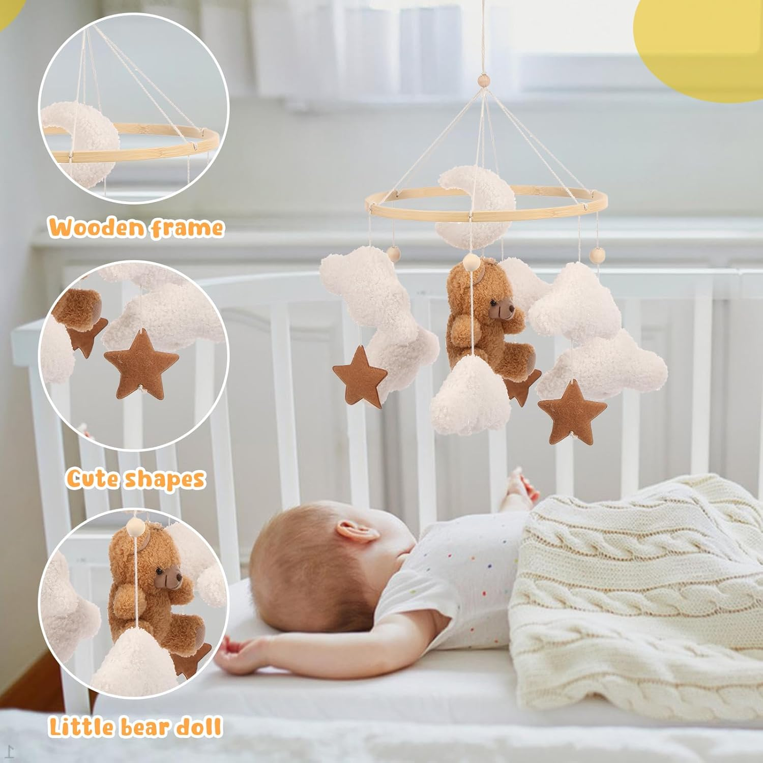 Baby Crib Mobile for Boys Girls Bassinet Soft Plush and Wood Nursery Mobile Cute Baby Bed Bell Charming Nursery Decor for Infant Newborn (Brown) - Pink image number 6