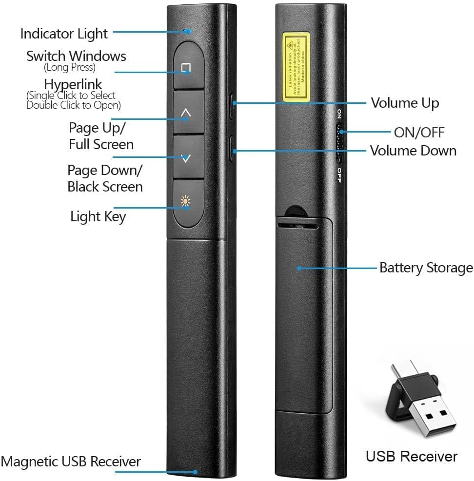 Usb/Type-C 2 in 1 Presentation Clicker for Powerpoint, Hyperlink Volume Control Wireless Presenter Remote Presentation Pointer Slide Advancer PPT Clicker for Mac Ipad Computer Laptop image number 2
