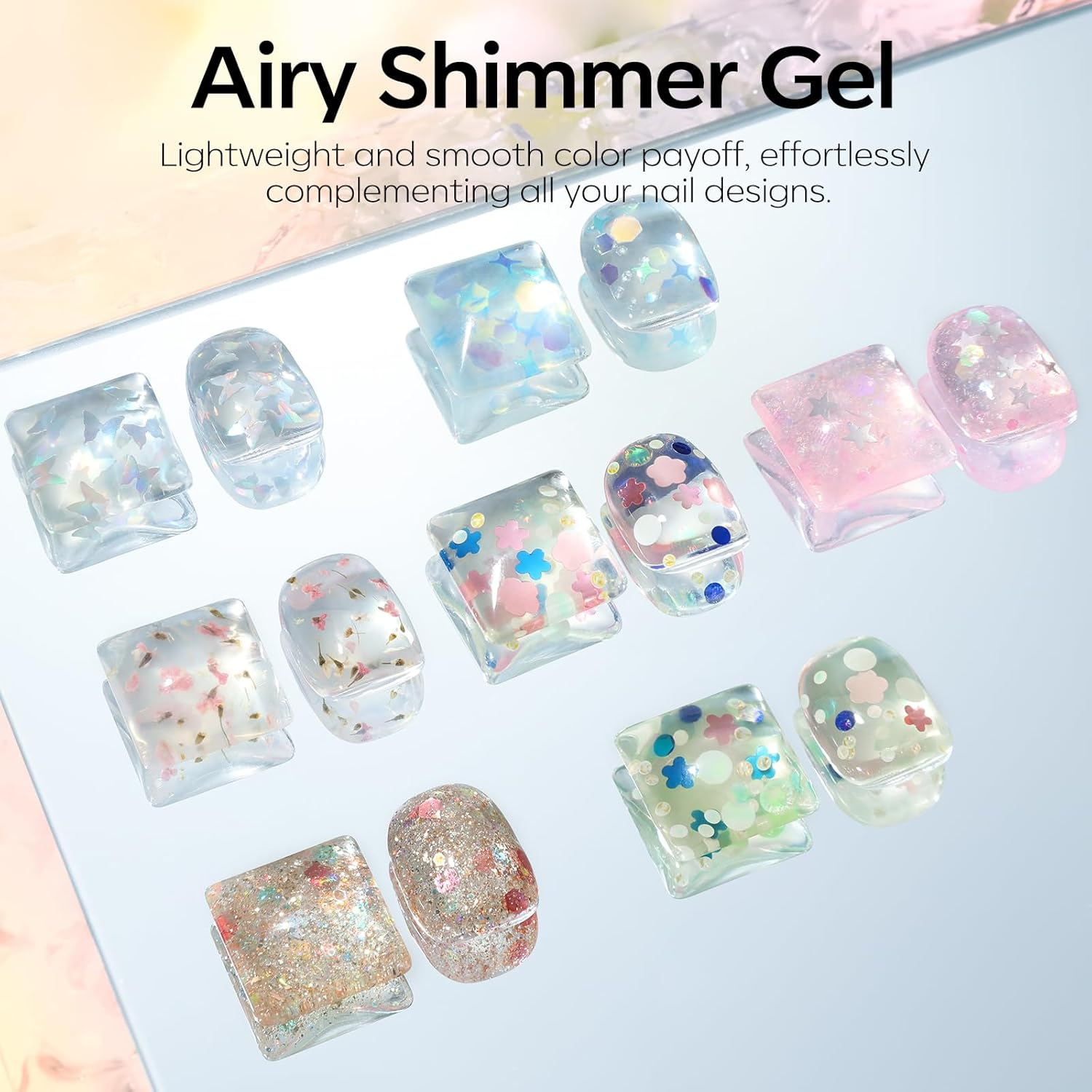 Modelones Glitter Gel Nail Polish Set, 6 Colors Dried Flower Laser Butterfly Blue Pink Star Shape Ornament Glitter Gel Polish Collection with Wooden Stick All Seasons Soak off LED Manicure DIY image number 4