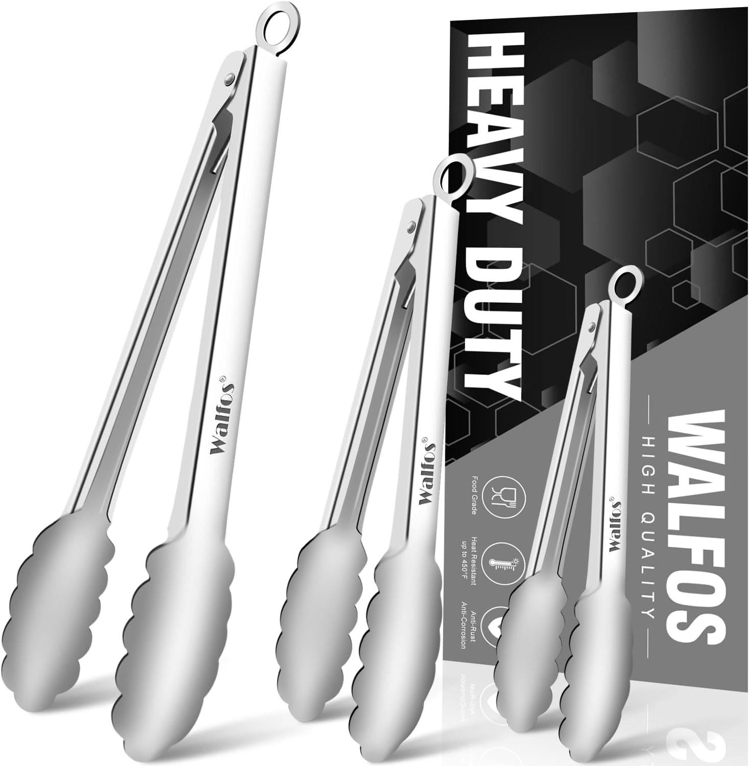 Walfos Stainless Steel Tongs, 3-Piece Set (7", 9", 12") - Heavy Duty, Heat Resistant, Non-Slip Grip, BBQ Grilling & Cooking Tongs image number 3