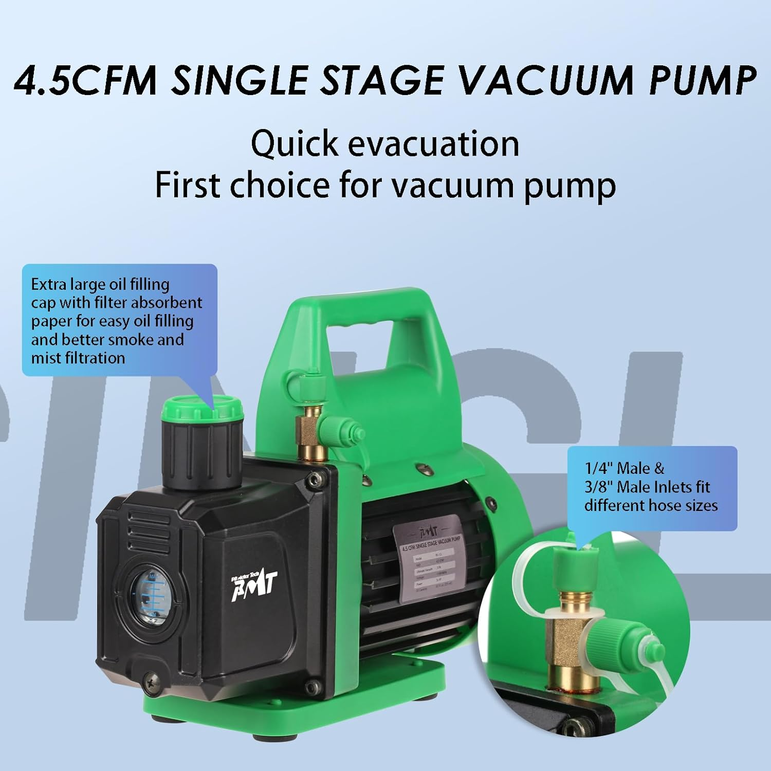 PB Motor Tech Vacuum Pump Set, 4.5 CFM Pump with Aluminum Manifold Gauge, Quick Couplers, 410 Adapter, Can Tap Valve Core Tool & Carrying Tote, for R134A, R410A, R22, R404A Refrigerants image number 4