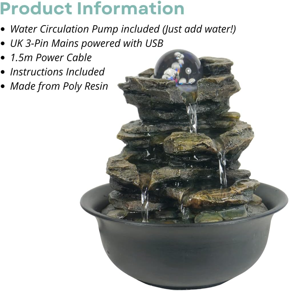 Creative Touch Heart of Nature Indoor Water Fountain with LED Light and Colour Changing Spinning Ball | 3 Pin UK Plug USB Included Gold image number 3