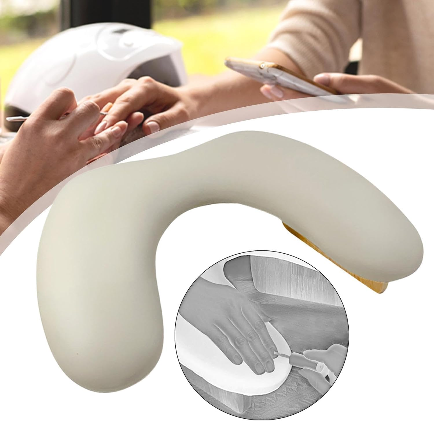 Eigell Nail Arm Rest Cushion Hand Cushion Wooden Base Portable Built in Sponge Palm Rest Holder for Manicurist Home Women Nail Salon, Light Brown image number 2