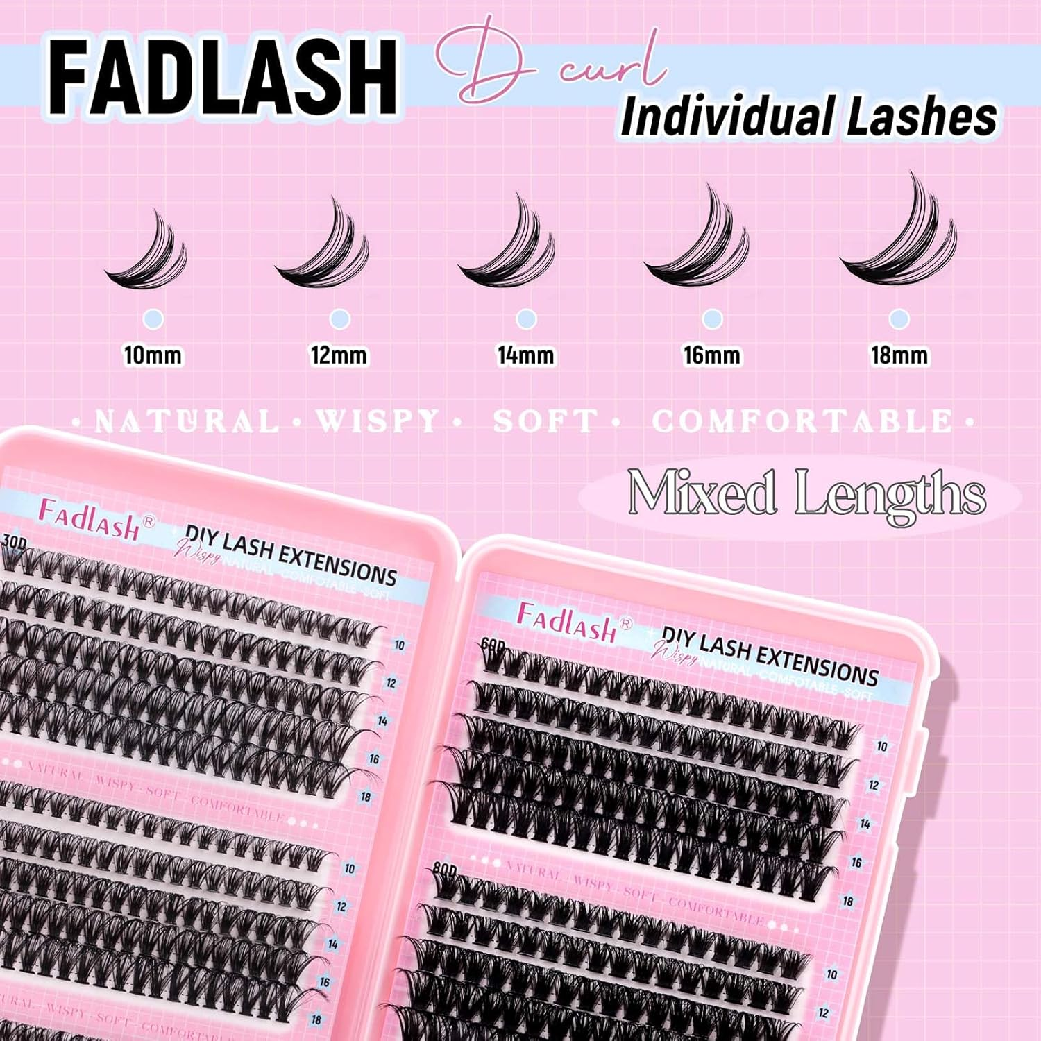 Eyelash Clusters 30D+40D+50D+60D+80D+100D Individual Lash Extensions D Curl Wispy Eyelash Clusters 10-18Mm Natural Fluffy Cluster Lash DIY Eyelashes Extension for Beginners image number 3