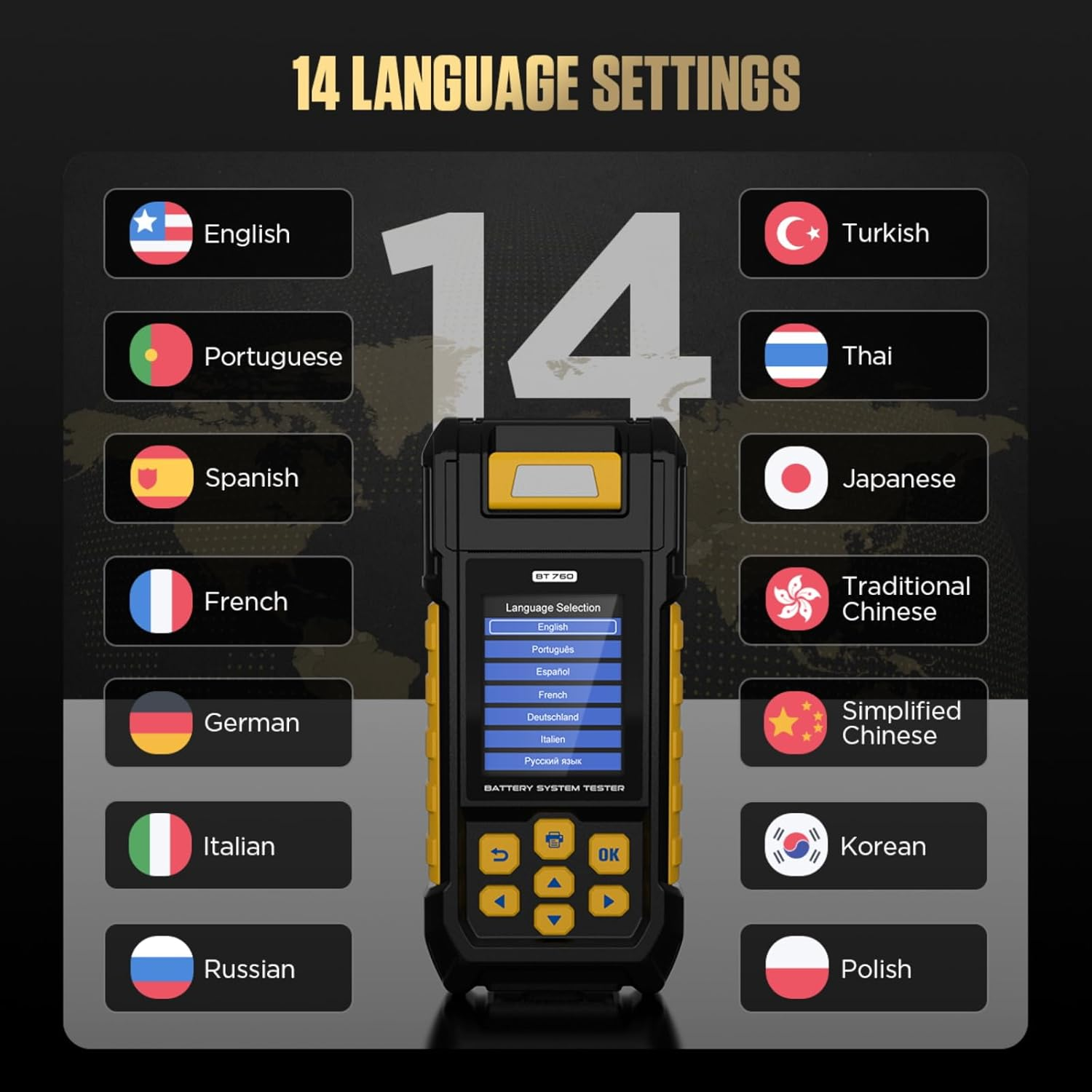Battery System Testers BT760 Battery Analyzer 30-2000 CCA Battery/Load/Charging/Cranking Test for 8-32V Vehicles HD Vans Trucks Motorcycles Built-In Printer with 3 Rolls Printer Paper 14 Languages image number 6