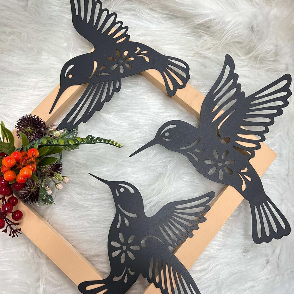 3 Pcs Black Metal Hummingbird Wall Art Decor - Iron Cutout Decorations for Home Hanging - Suitable for Patio, Balcony, Yard, Living Room, Bedroom, and Office