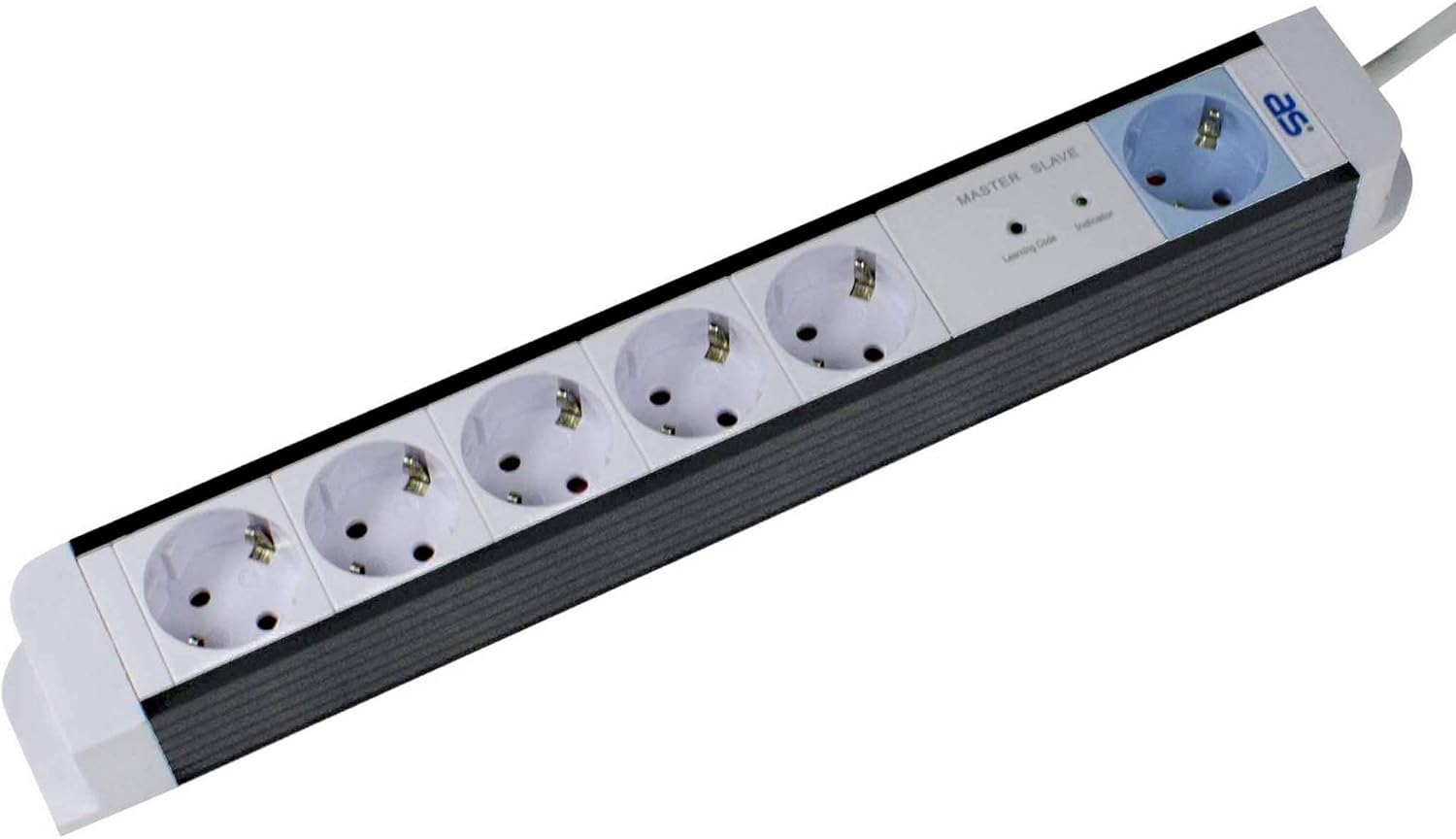 As - Schwabe 6-Way Power Strip Flash White Master/Slave - with 1X Master and 5X Slave Sockets with Indicator Light - Multiple Plug with 1.5 M Cable - Sockets Rotated 45&deg; - IP20, 18672