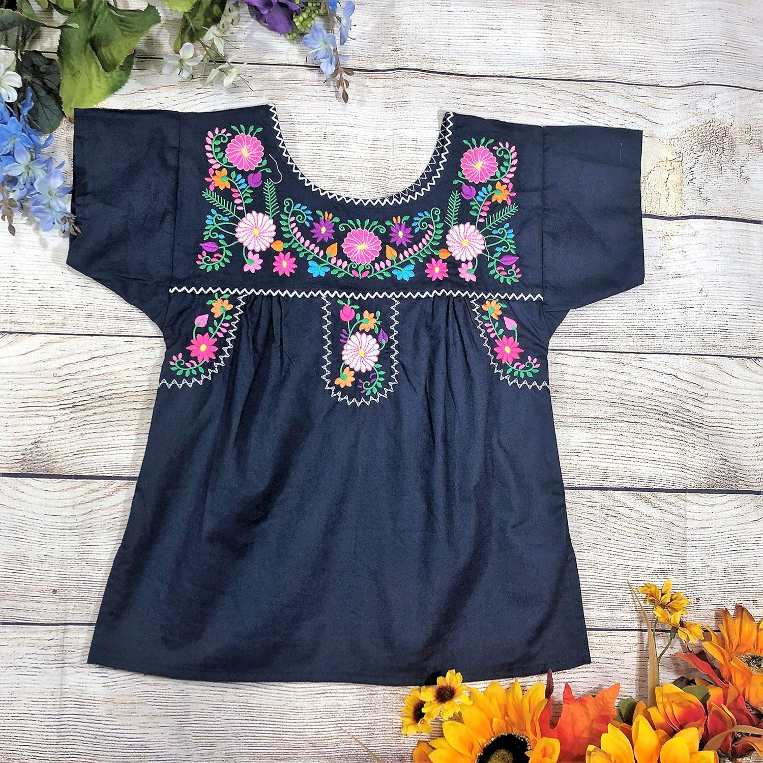 Unik Traditional Puebla Mexican Youth Girl Embroidered Blouse Size 4-14