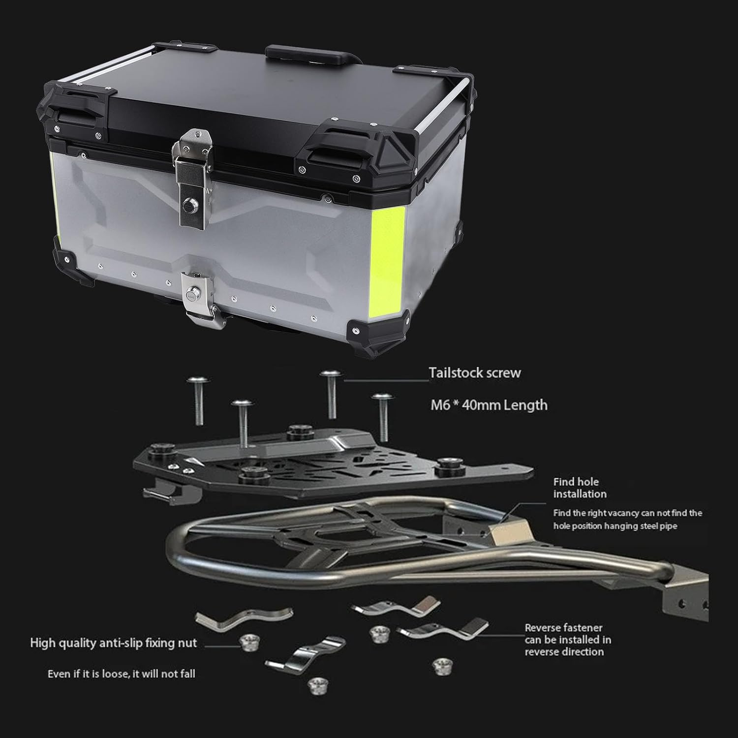 Jiawu 65L Aluminum Motorcycle Top Case, Waterproof Trunk with Security Lock, Tail Box for Helmet Luggage, Quick Release Base Plate, Compatible with Motorcycle & Scooter image number 2