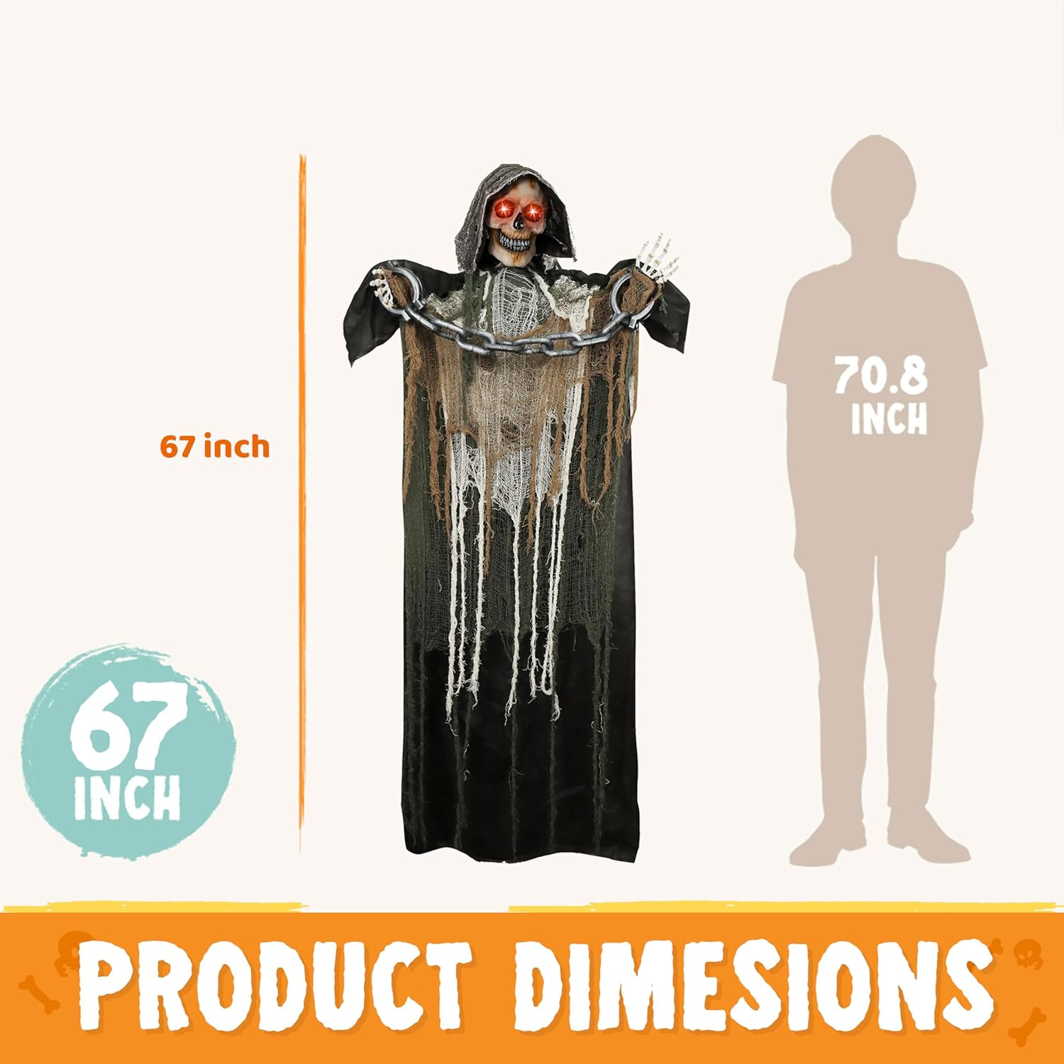 JOYIN 67" Halloween Decorations Outdoor Life Size Animatronics Grim Reaper with Chain, Sound-Actived Party Decor with Creepy Sound, Scary Haunted House Props for Garden Yard Lawn image number 4