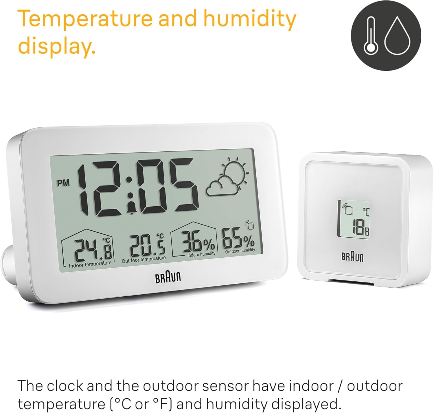 Braun Digital Weather Station Clock with Indoor and Outdoor Temperature and Humidity, Forecast, LCD Display, Quick-Set, Crescendo Beep Alarm in White, Model BC13WP. image number 5