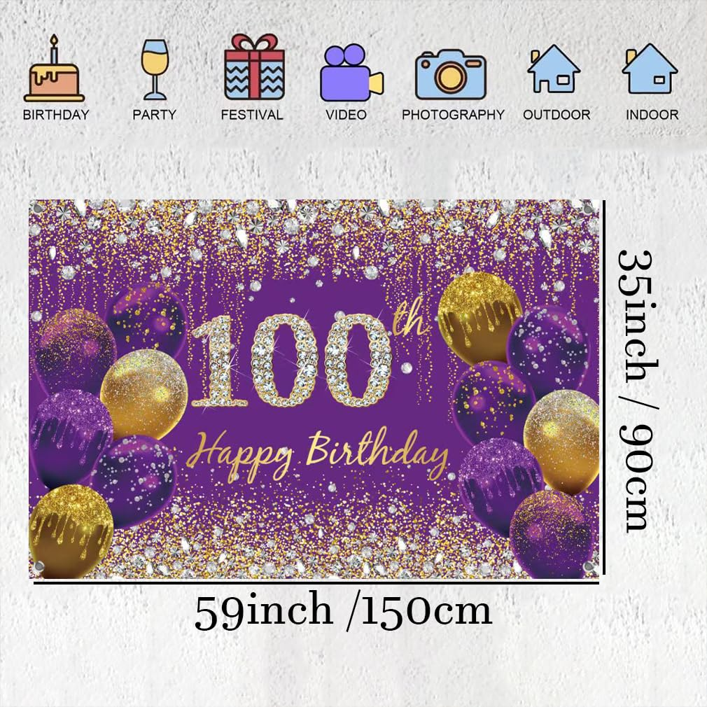100Th Birthday Decoration Women, Purple Fabric Sign Poster Birthda Y Party Decoration, 100'Th B Irthday Background Banner Women, 100T H Birth Day Party Decoration, 59"X35.4" image number 1