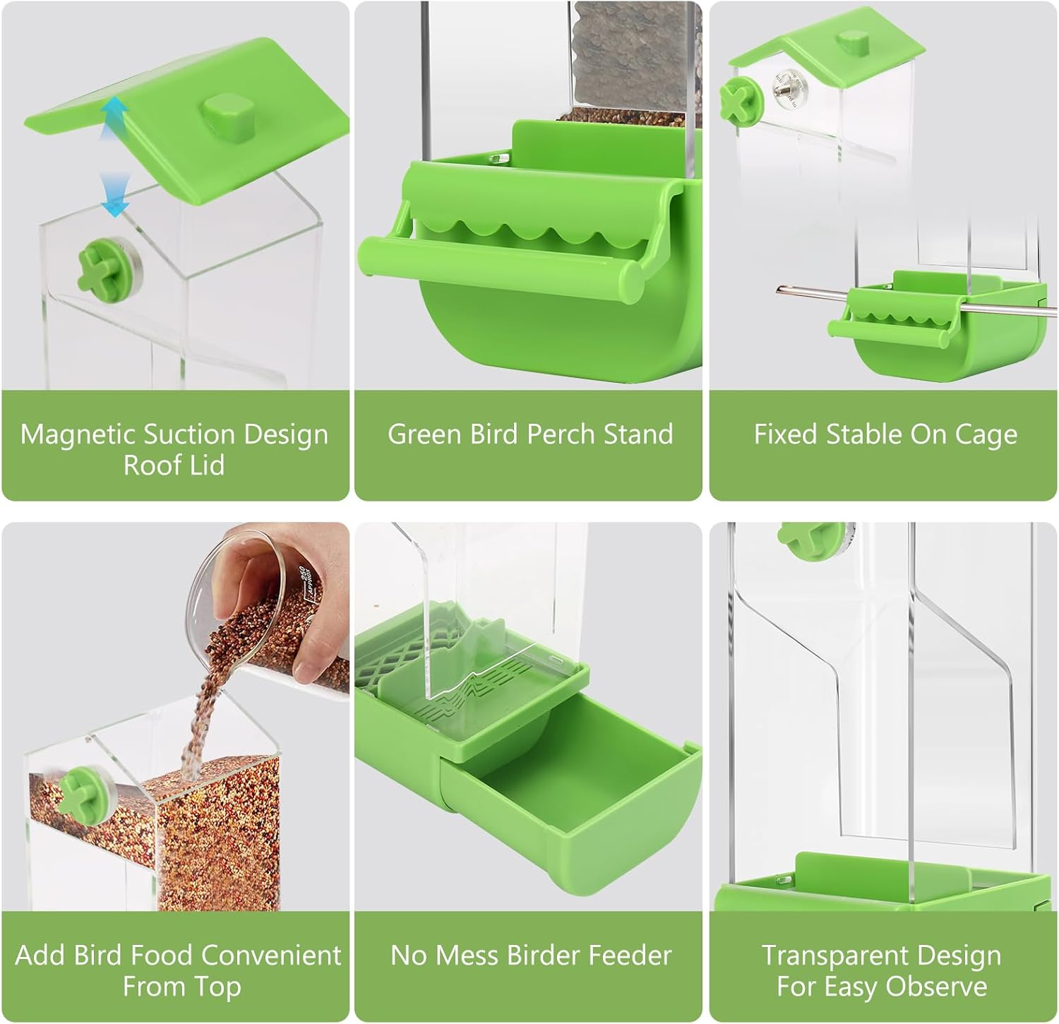 Yummy Sam Automatic Bird Feeder with Perch for Cage, No Mess Acrylic Transparent Bird Cage Feeder, Parrot Seed Feeders Food Container Cage Accessories for Small Medium Birds Parrot Cockatoo Canary image number 2