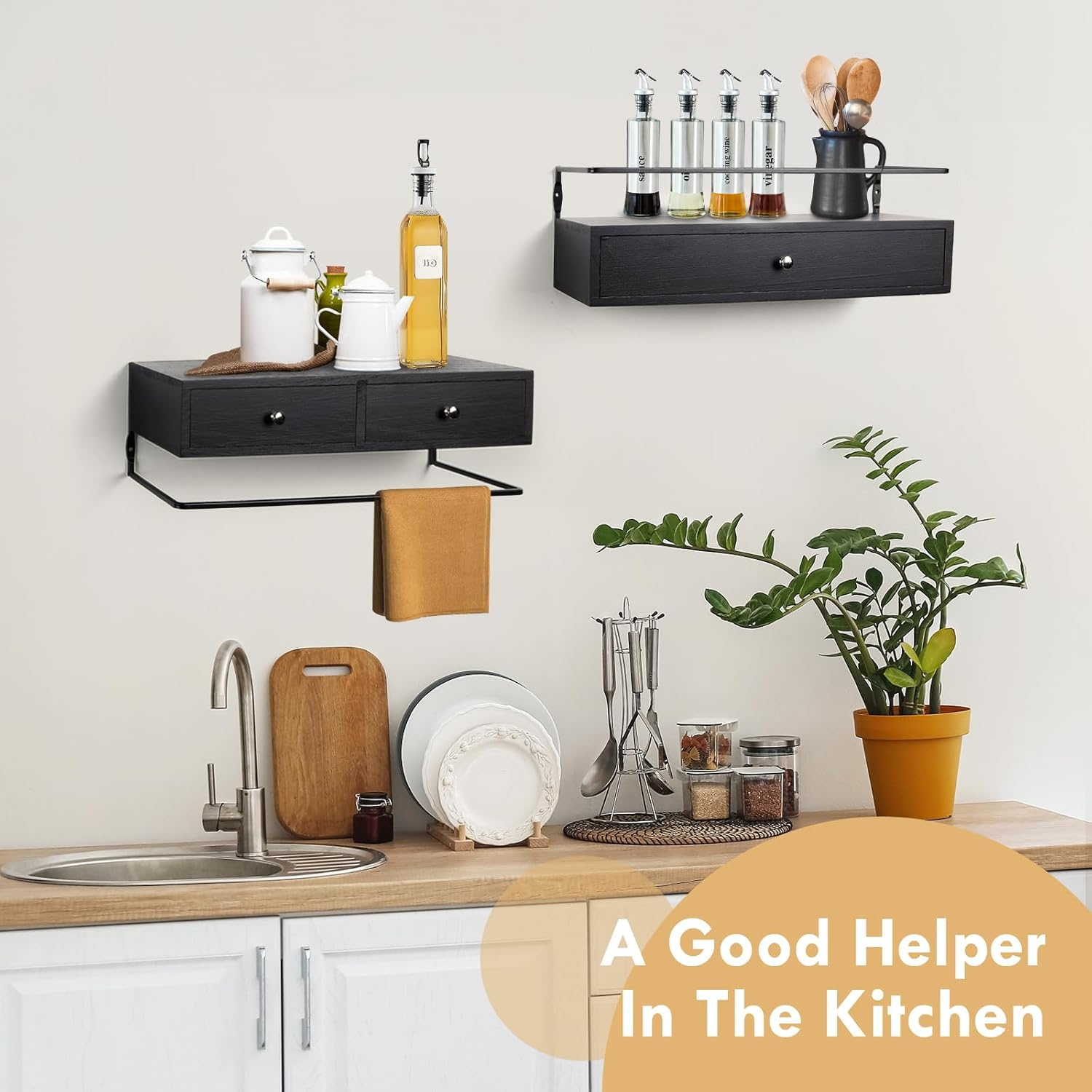 Floating Shelves for Wall Decor Storage, Wall Mounted Bathroom Shelf, Rustic Wood Wall Shelves with Drawers Set of 2 - for Home Decor, Bathroom and Room Decor, Kitchen Storage (Black)