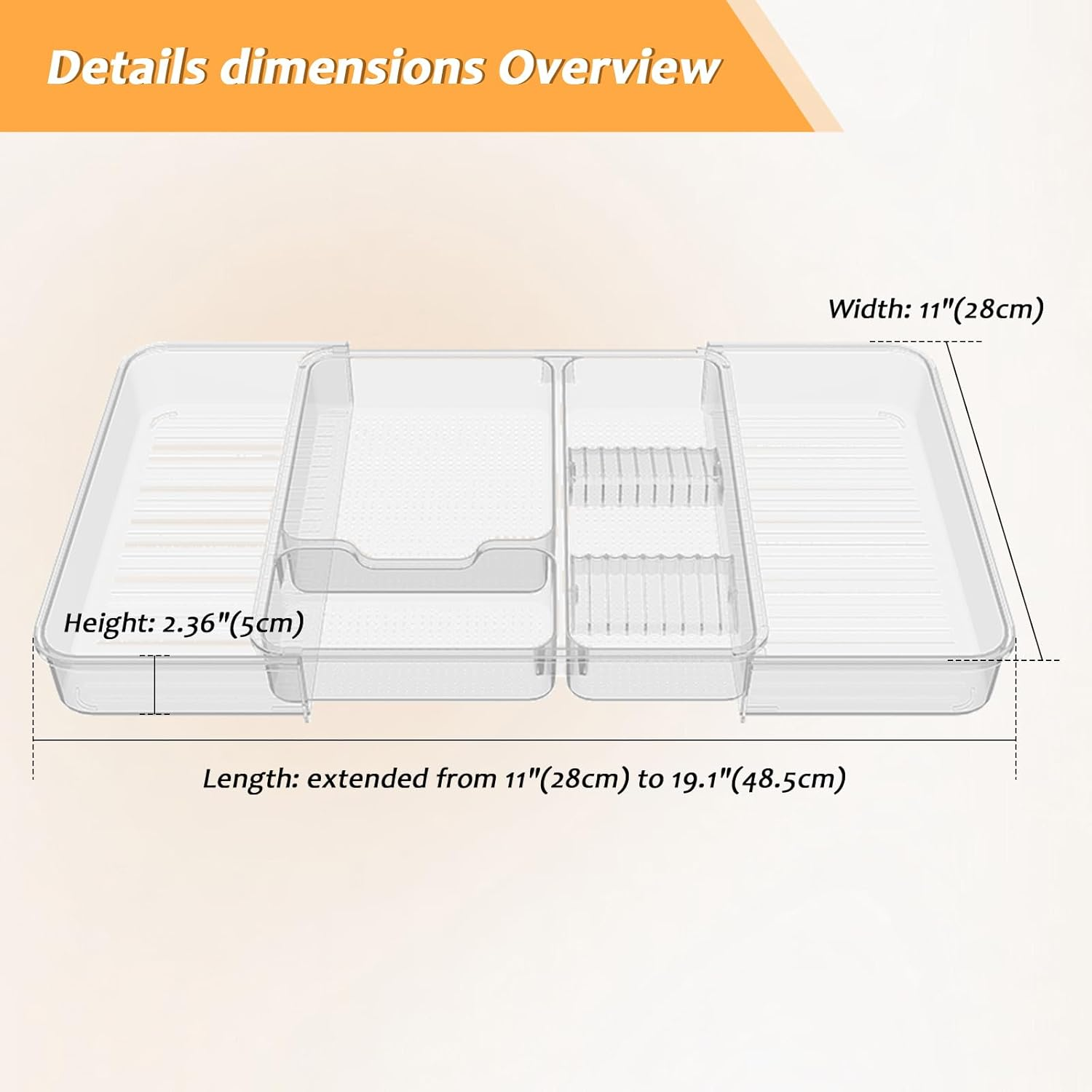 Ruaizel Cutlery Drawer Organiser, Expandable Utensil Tray with Adjustable Dividers, Adjustable Silverware and Flatware Holder for Kitchen Spoons Forks Knives, 28-48.5Cm (Transparent) image number 1