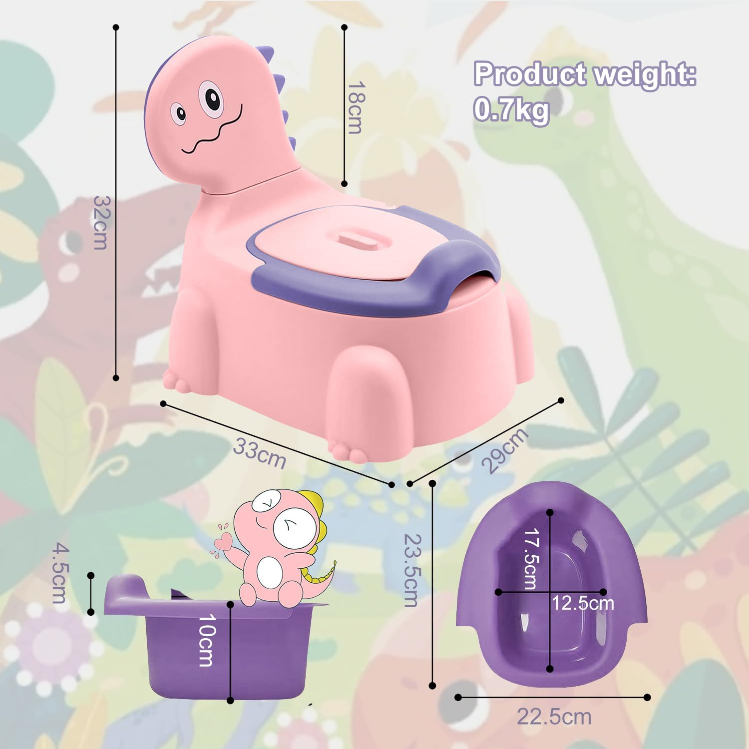 Kaiounni Toddler Potty Seat &ndash; Comfortable Dinosaur Design Toilet Trainer with Non-Slip Mat, Backrest, Soft Lid, and Portable for Boys & Girls Aged 1-6, Safe Potty Training Seat (Pink) image number 4