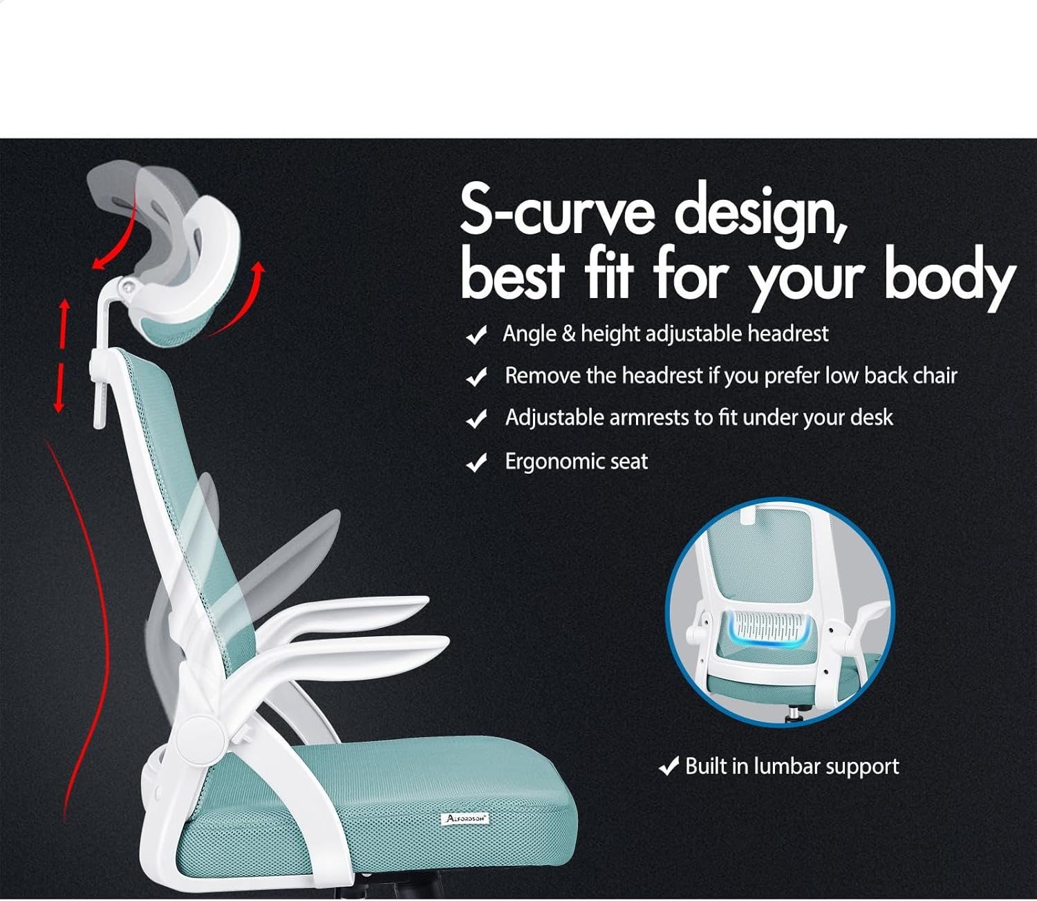 ALFORDSON Office Chair Mesh Computer Chair Swivel Executive Desk Chair with Adjustable Headrest and Armrest Arco Series(Cyan) image number 3