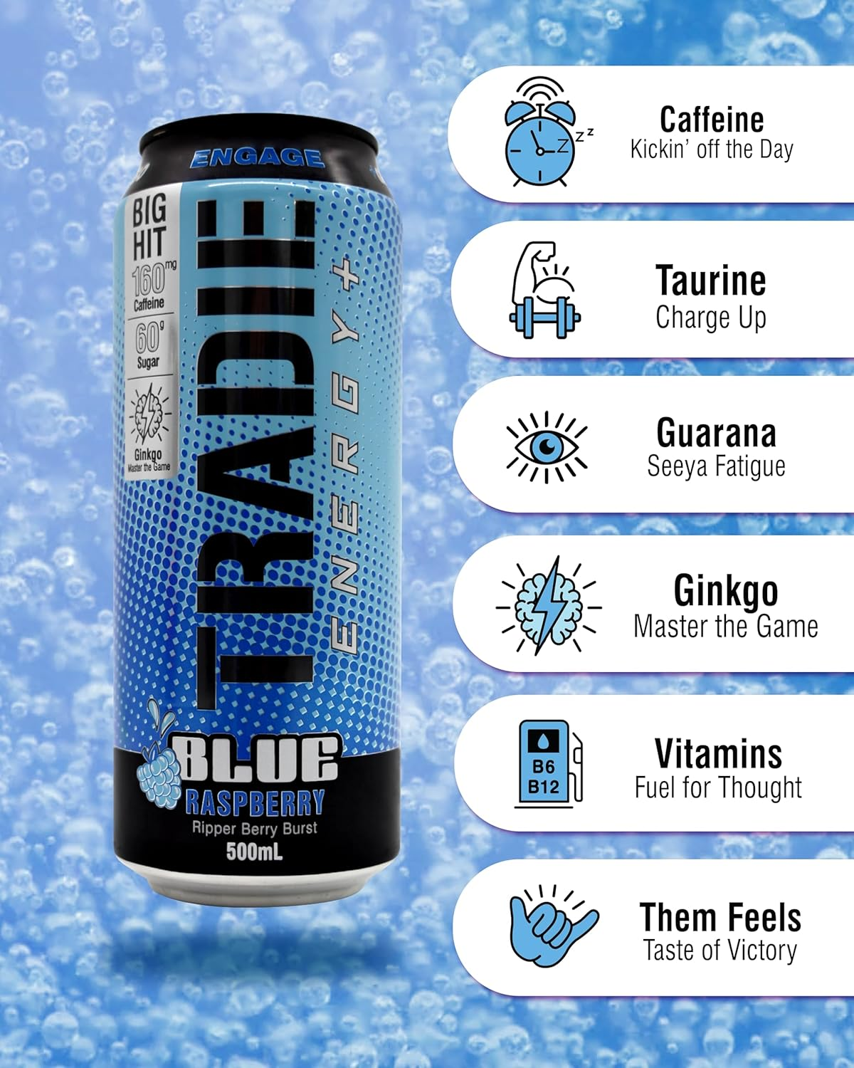 TRADIE Blue Raspberry Energy Drink 12 X 500Ml image number 3