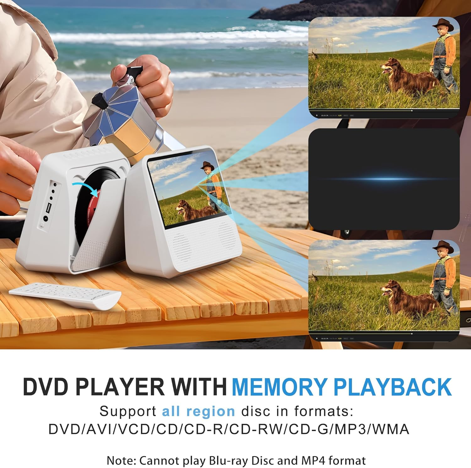 SHIWAKOTO Portable DVD Player with 7" Eye-Protective Screen, Outdoor DVD Player Built-In Rechargeable Battery, USB, AV, AUX, Bluetooth Connection, All Region Free DVD Player for Kids image number 6