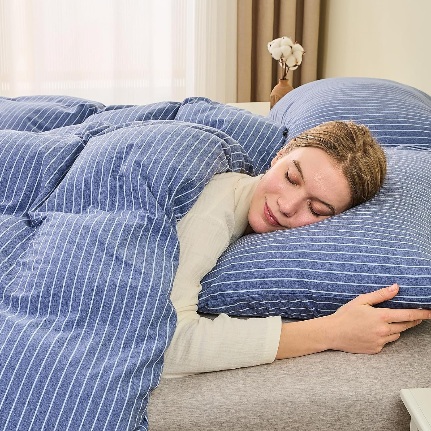 Jersey Cotton Knit Quilt Cover Set 100% Cotton T-Shirt Duvet Cover Set Super Soft Comfy 3Pc Cotton Doona Cover with Zipper Closure (Blue & White Pinstripe, Queen) image number 5