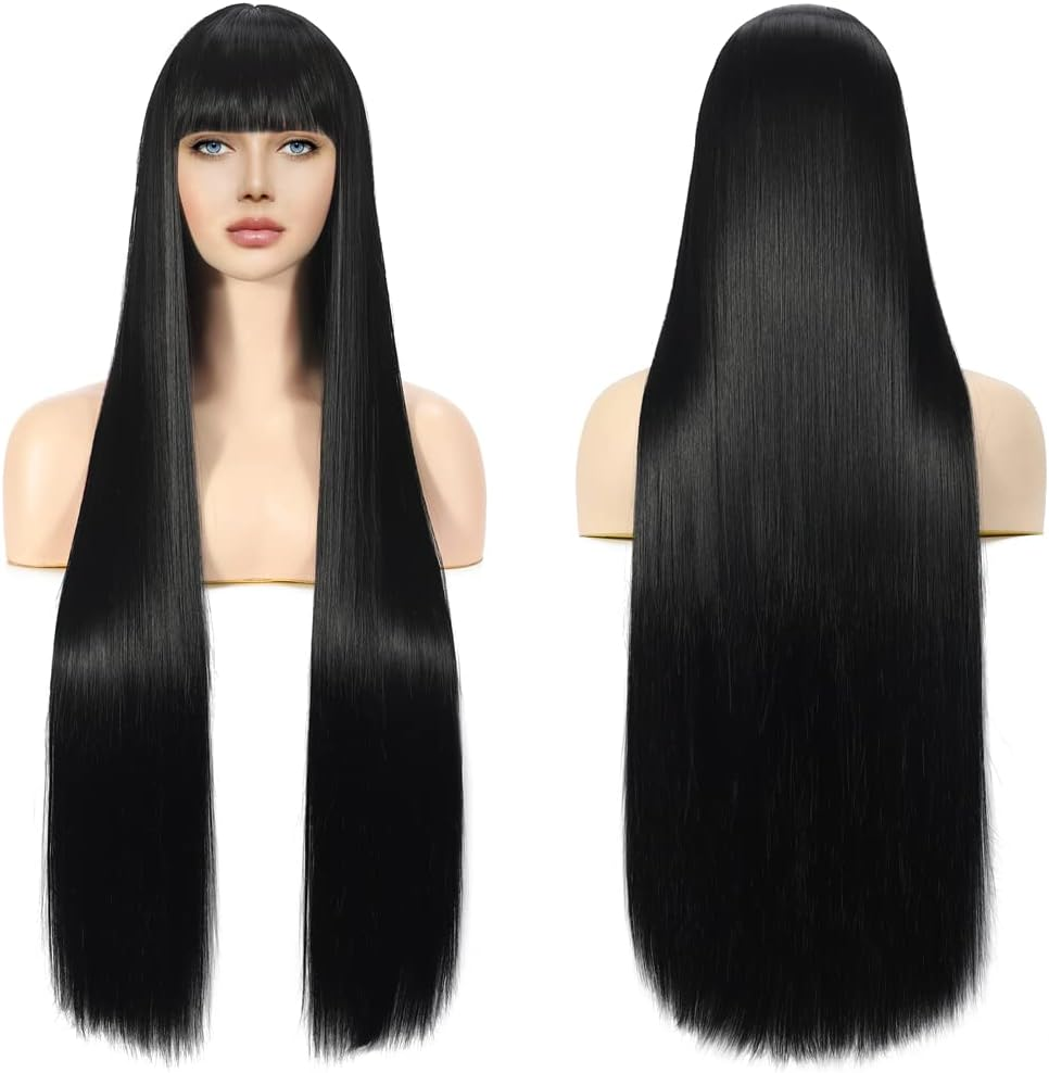 Wig Black Long Straight Wig for Women, Synthetic Fibre Smooth Wigs with Fringe for Women, 80 Cm Long Straight Black Synthetic Wig with Fringe Bangs for Women image number 3