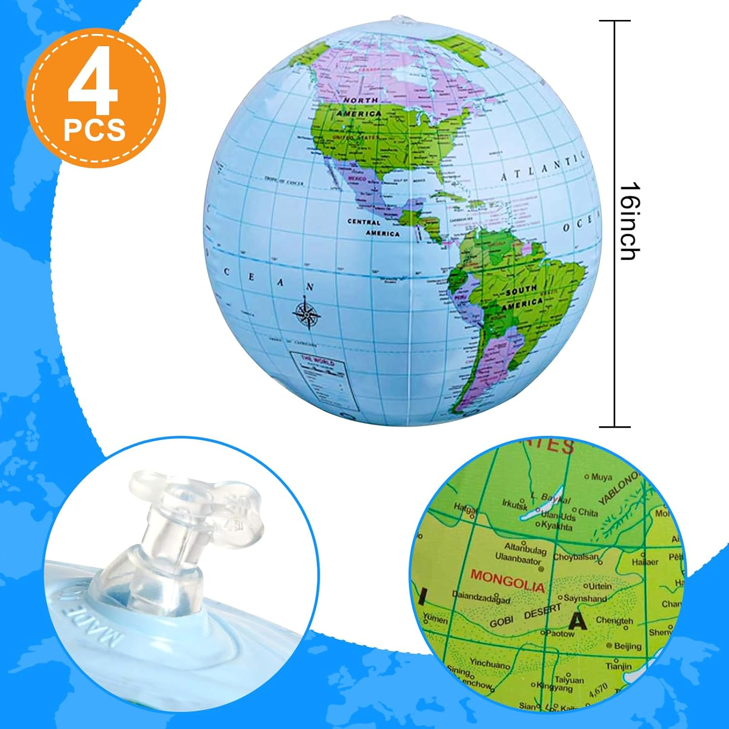 4 Pack 16 Inches Inflatable Globe PVC Earth Blow up World Globe Beach Ball for Beach Playing,Party Bags,Teaching