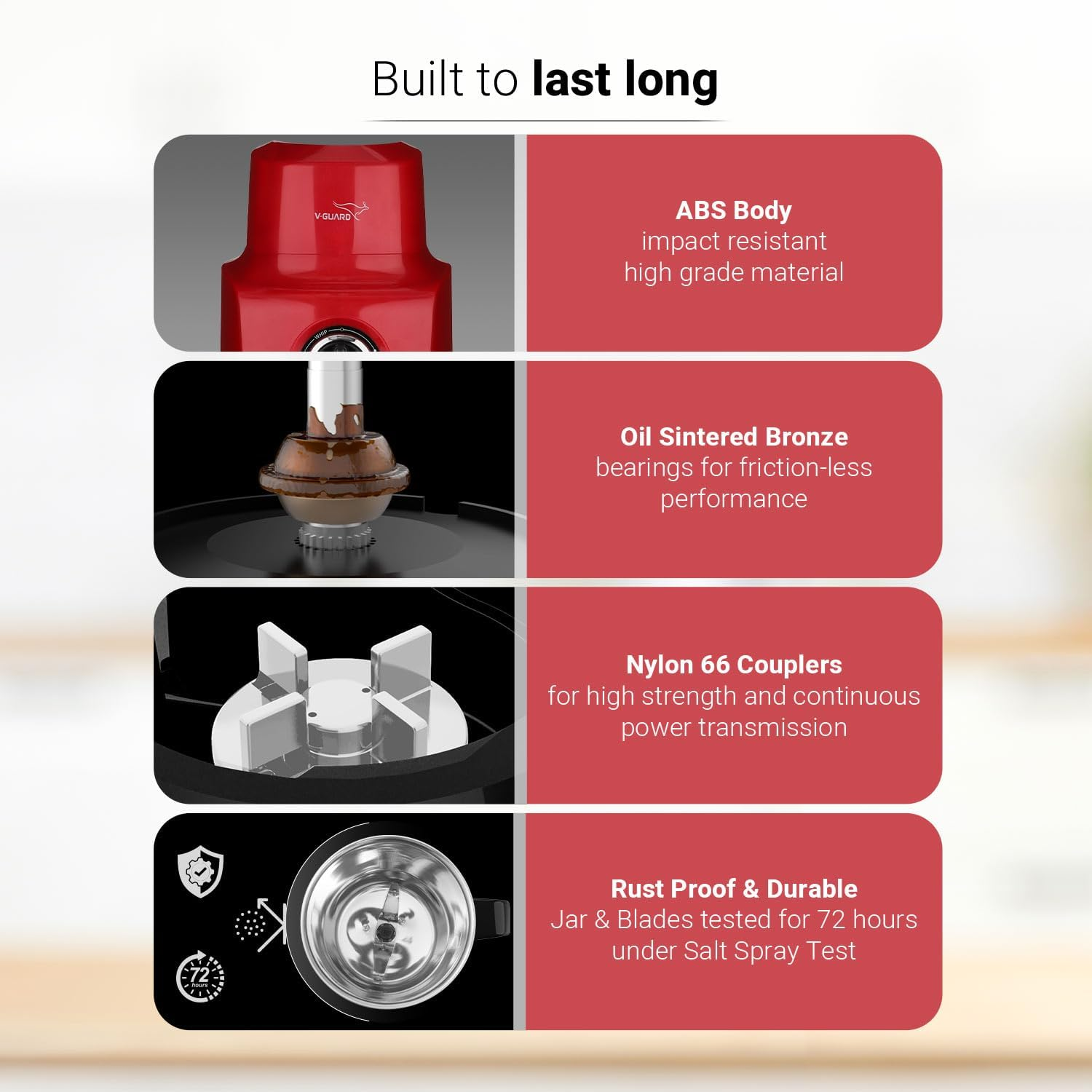 V-Guard Brillio 750 Watt Juicer Mixer Grinder, 3 Year Motor Coverage by V-Guard, 4 Jars(Chutney, Dry, Wet & Juicer), Sturdy Juicer Jar with Quadraflow Design, Precisionblend SS Blades | Mars Red