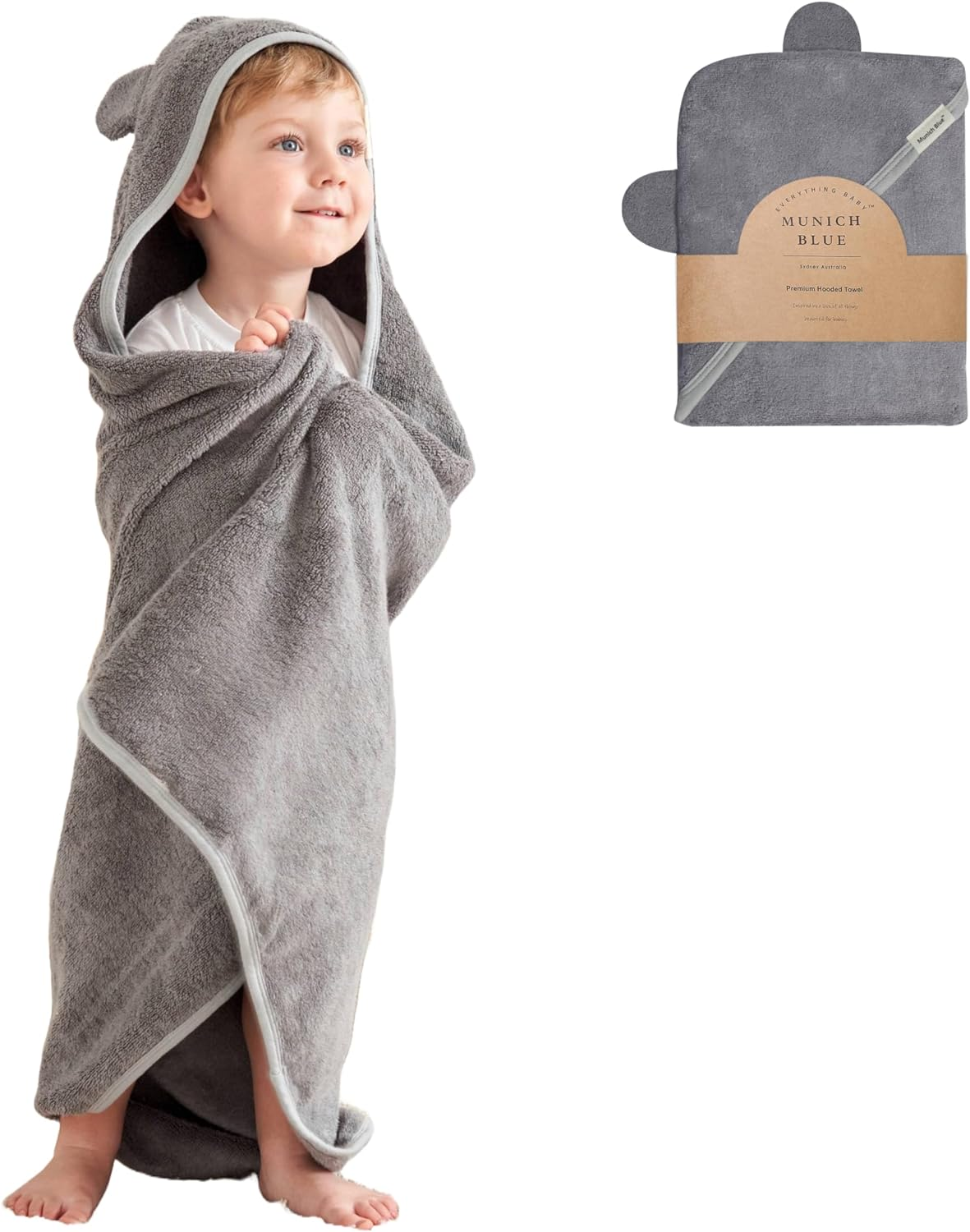 Munich Blue Hooded Bath Towel for Newborn and Toddler Girls and Boys - Soft and Cozy Baby Towel with Cute Bear Ears (Oat Color, 600GSM, 90X90Cm)
