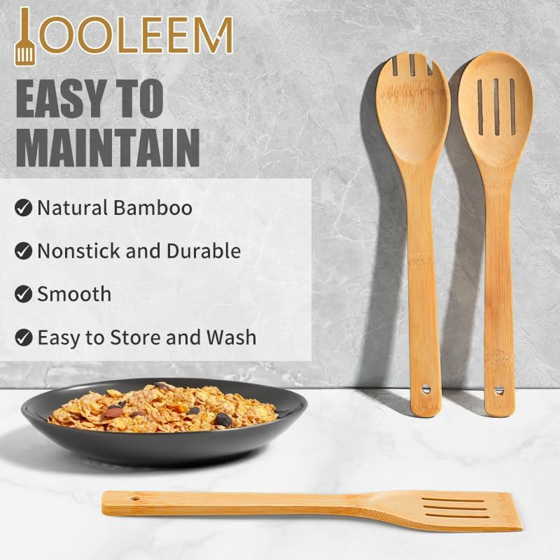 IOOLEEM 6 Pcs Bamboo Wooden Spoons, 12Inch, Non-Stick Kitchen Utensils Set, Natural and Durable Wooden Spatula Spoons for Non-Stick Pan image number 6