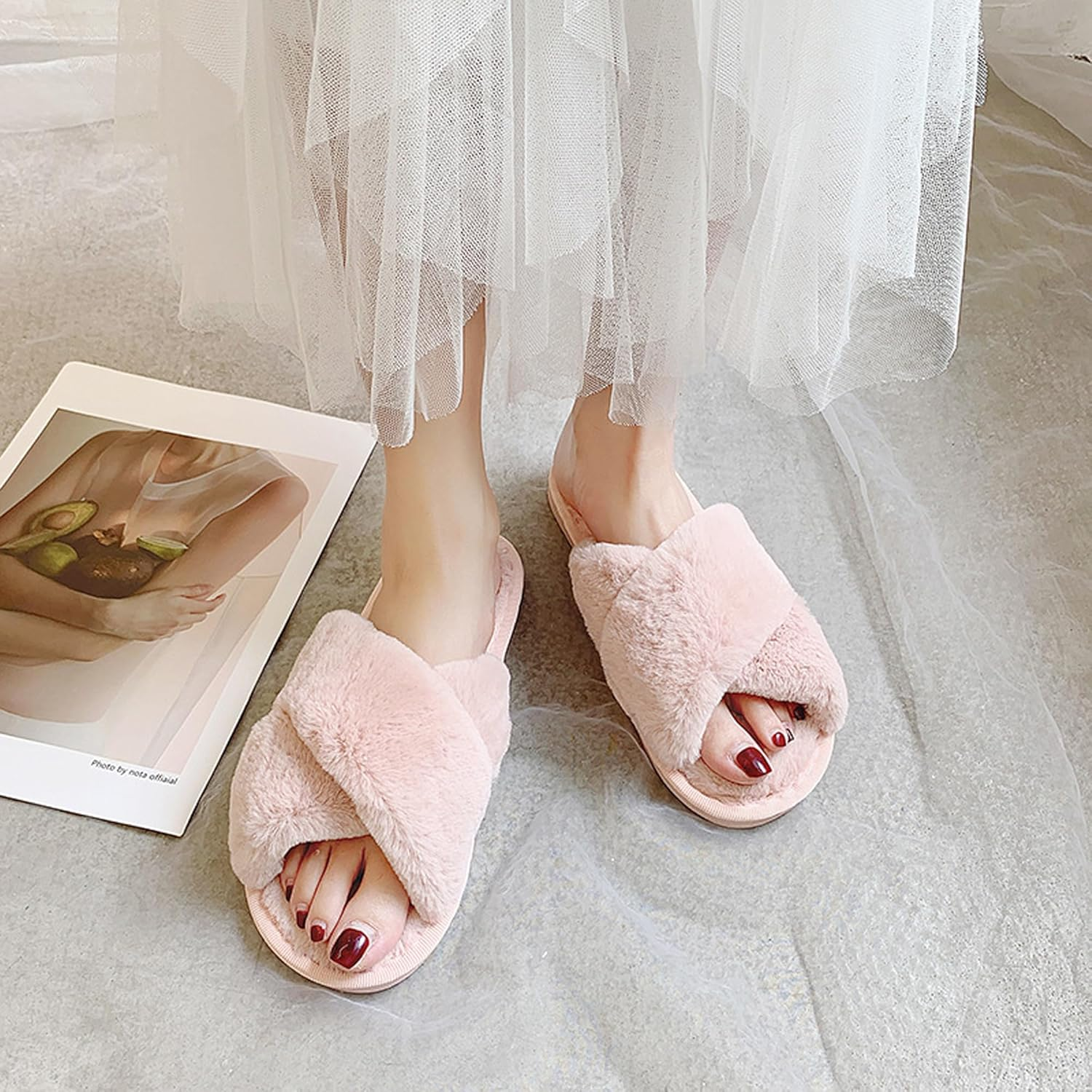 Top G Women Cross Band Slippers Fuzzy Fluffy House Slippers Cozy Plush Memory Foam Shoes Winter Indoor Outdoor Open Toe Sandals image number 5