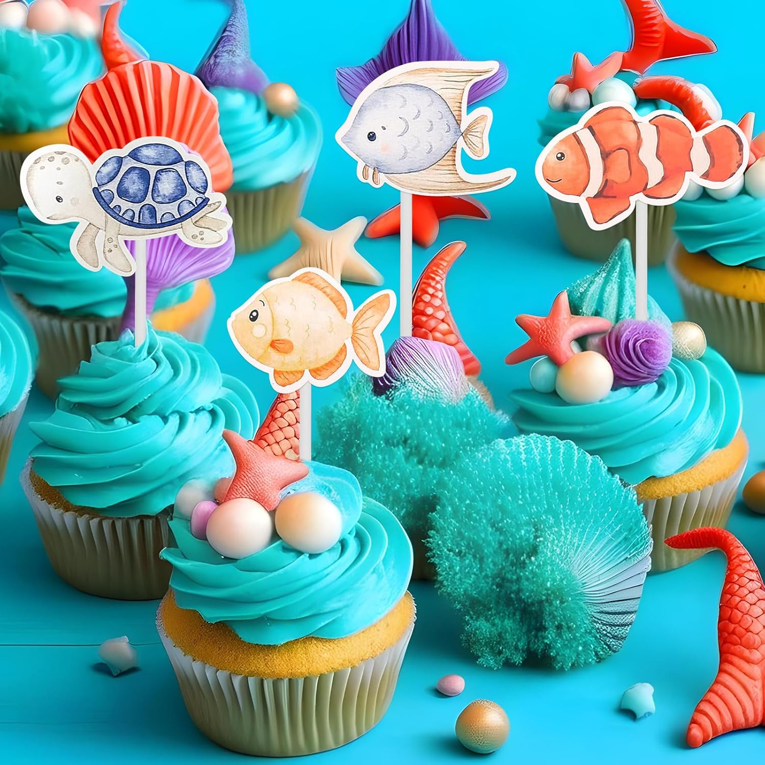 ENLACE Pack of 36 Sea Animals Cupcake Toppers, Ocean Theme Cake Decoration for Birthday, Christening image number 5