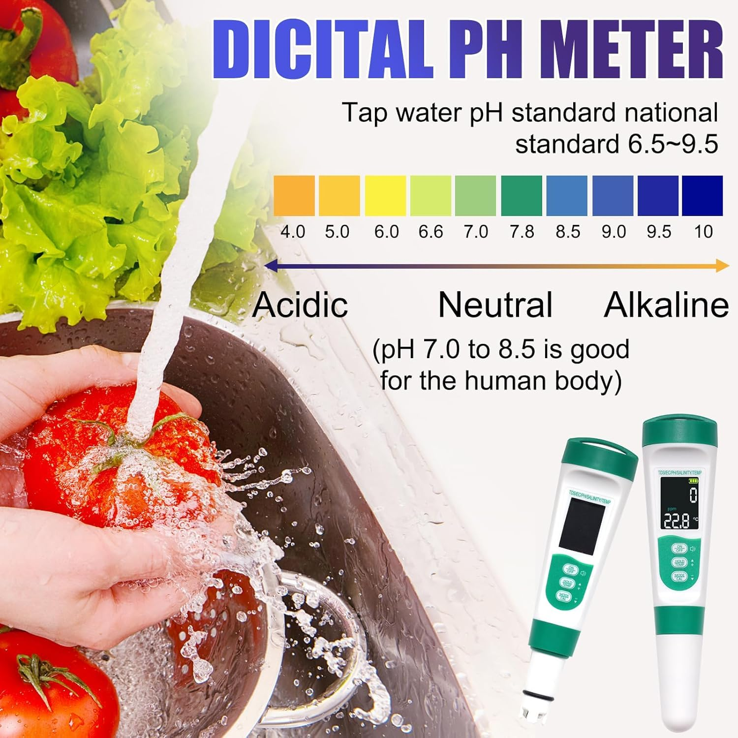 OBEST Water Tester 5-In-1,Tds Meter Digital Water Tester with Voice Function,Acid/Alkaline Ph Meter,Ec Water Tester for Drinking Water, Pool Salt Tester,Multifunctional Thermometer,400 Mah Battery image number 4