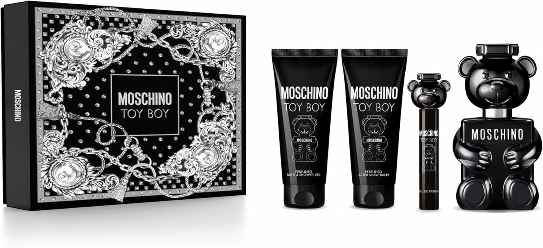 Moschino Toy Boy by Moschino for Men - 4 Pc Gift Set - 3.4 Oz EDP Spray, 0.3 Oz EDP Spray, 3.4 Oz after Shave Balm, 3.4 Oz Bath and Shower Gel