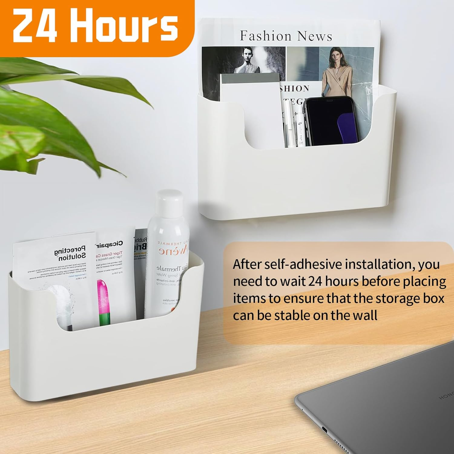 2 Pcs Cabinet Door Organiser with 2 Adhesive Pad, under Sink Plastic Organizer, No Drilling File Holder for Mail Magazine, Self Adhesive Wall Mounted Storage Box for Bathroom, Pantry, Office, Kitchen