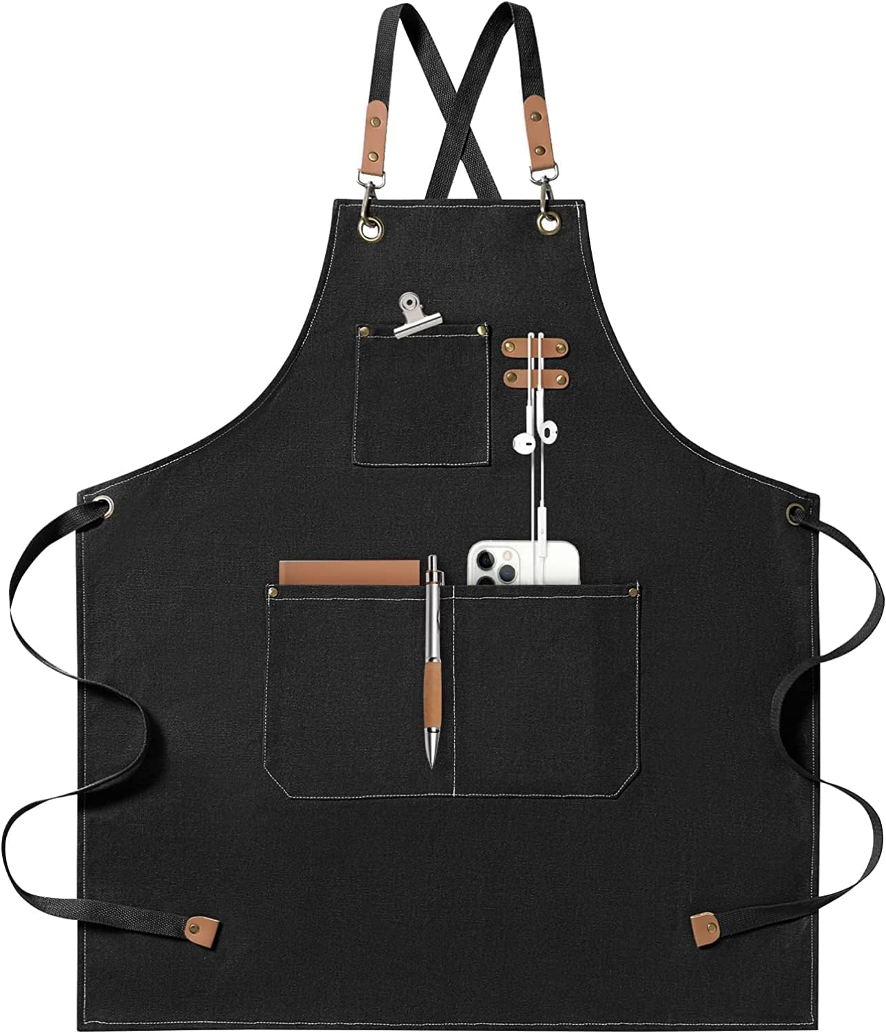 Adjustable Canvas Aprons for Kitchen Cooking,Baking,Work,Woodworking,Chef,Bbq and Barbers,Aprons for Indoor and Outdoor,3 Pockets for Easy Storage of Items,Unisex