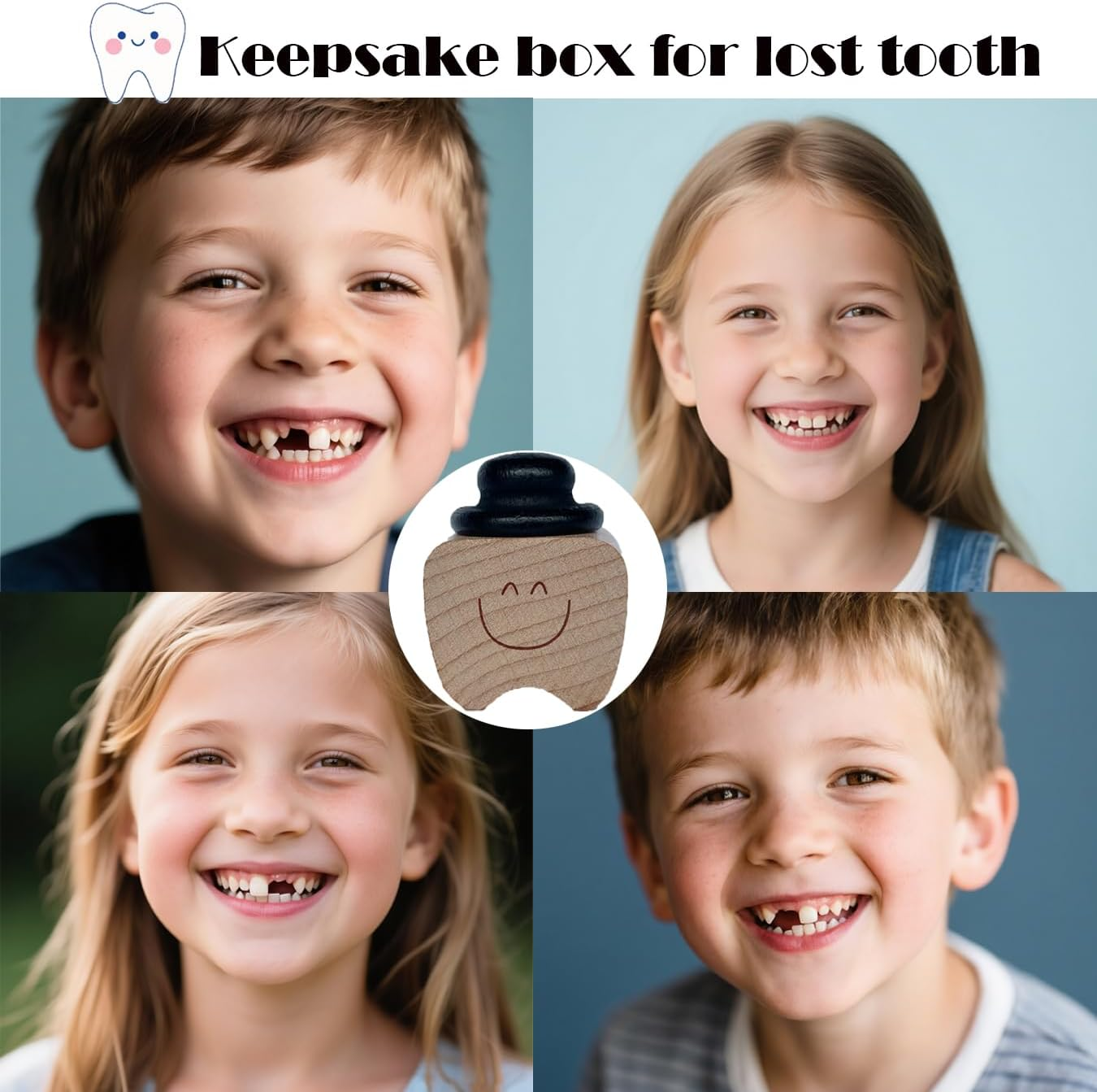 Fenikle Tooth Fairy Box, Cute Teeth Shape Wooden Box with High-Quality Tooth Fairy Coin and Encouragement Cards. Tooth Keepsake Box for Kids&rsquo; Lost Teeth. Best Baby Gifts for Boys and Girls. image number 1